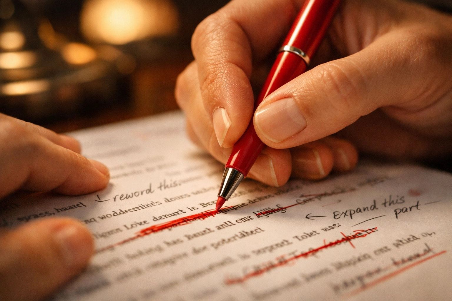 Close-up of hands editing a queer manuscript with a red pen and a subtle trans-flag ring.