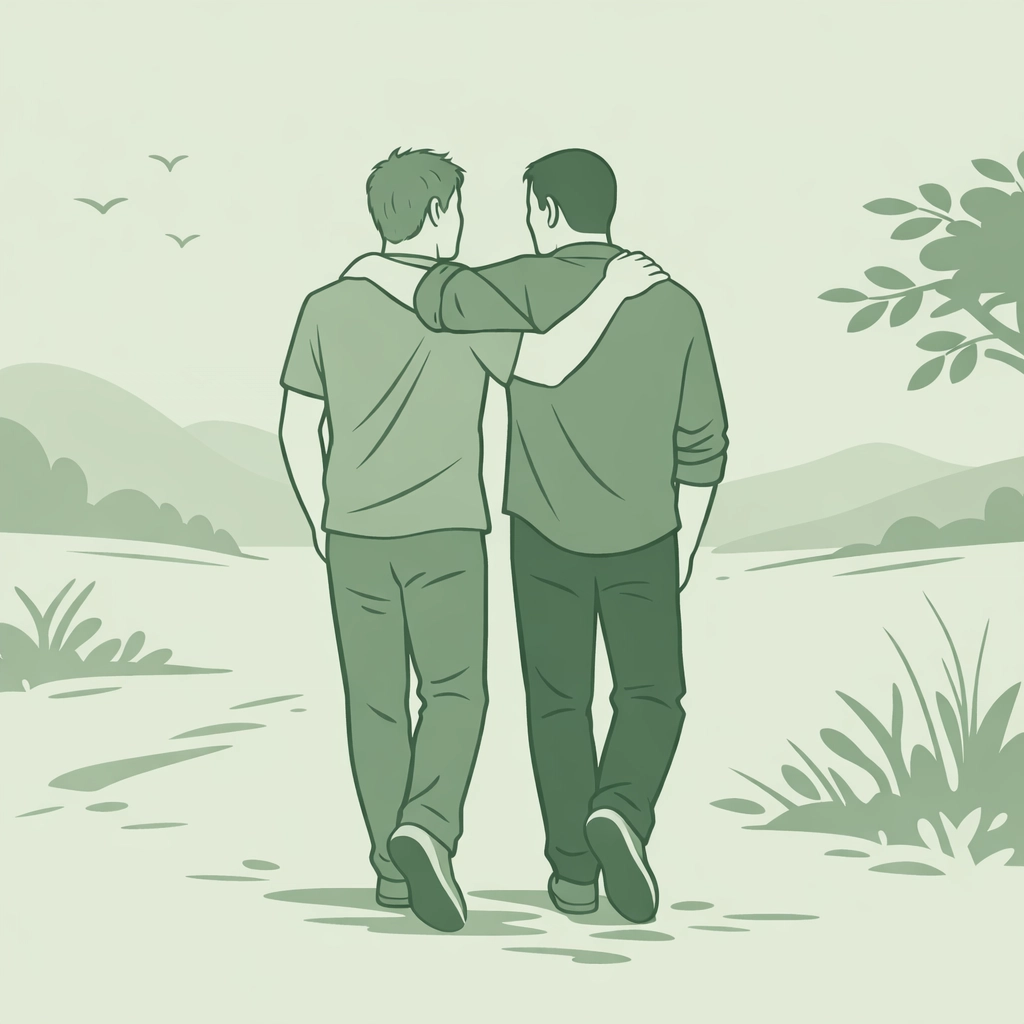 Two men walking together with confidence after first same-sex experience, showing growth