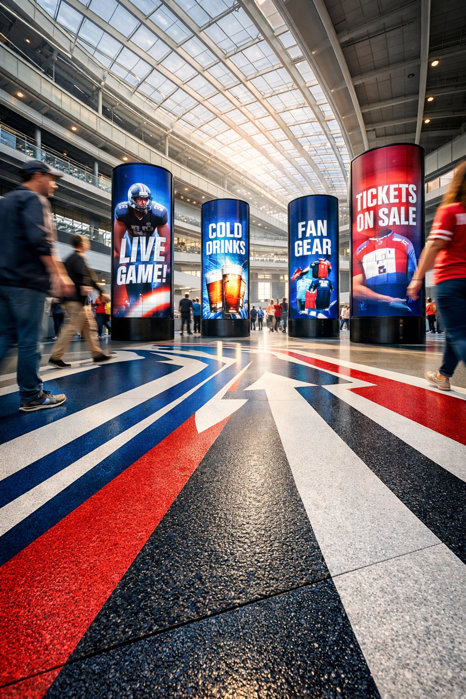 Immersive floor graphics and digital pillars in a stadium concourse for Super Bowl 2026 marketing.
