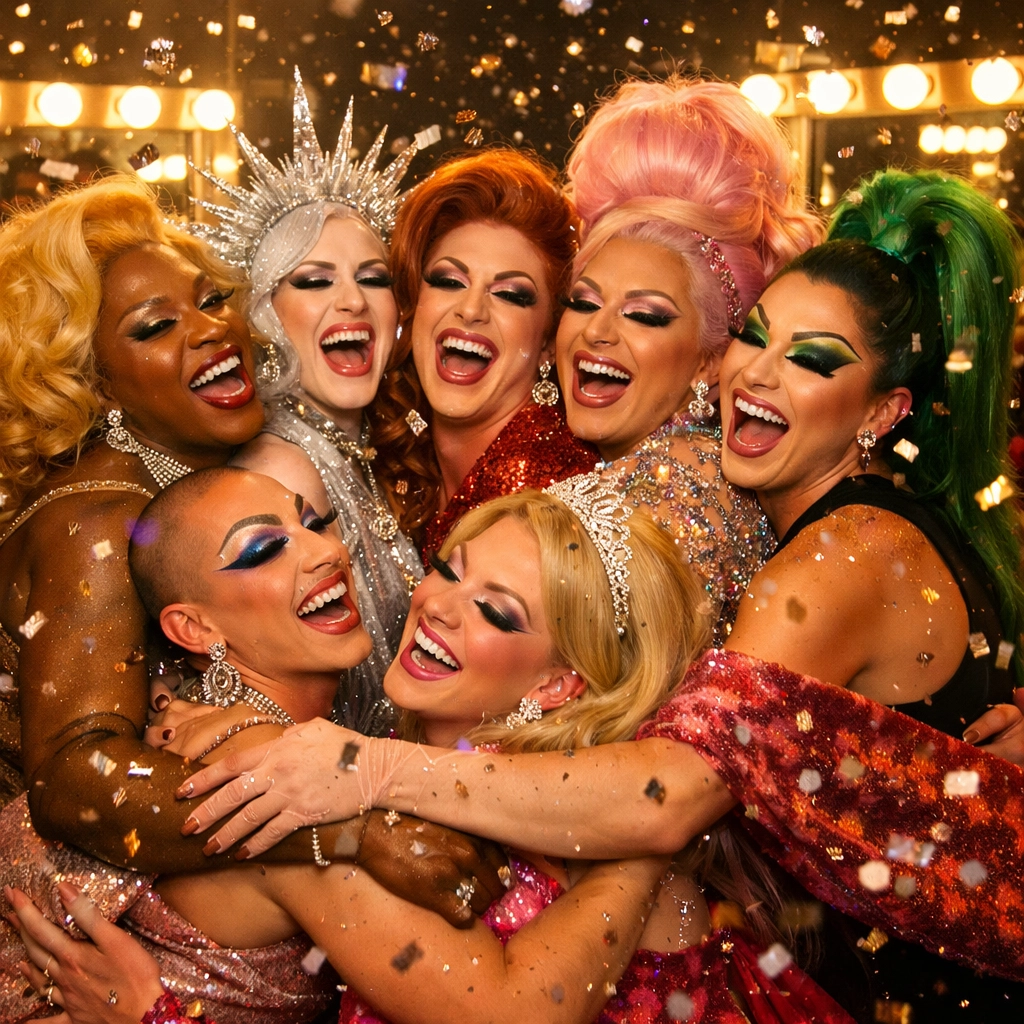 Drag queens celebrating together backstage showing unity and support in LGBTQ+ community
