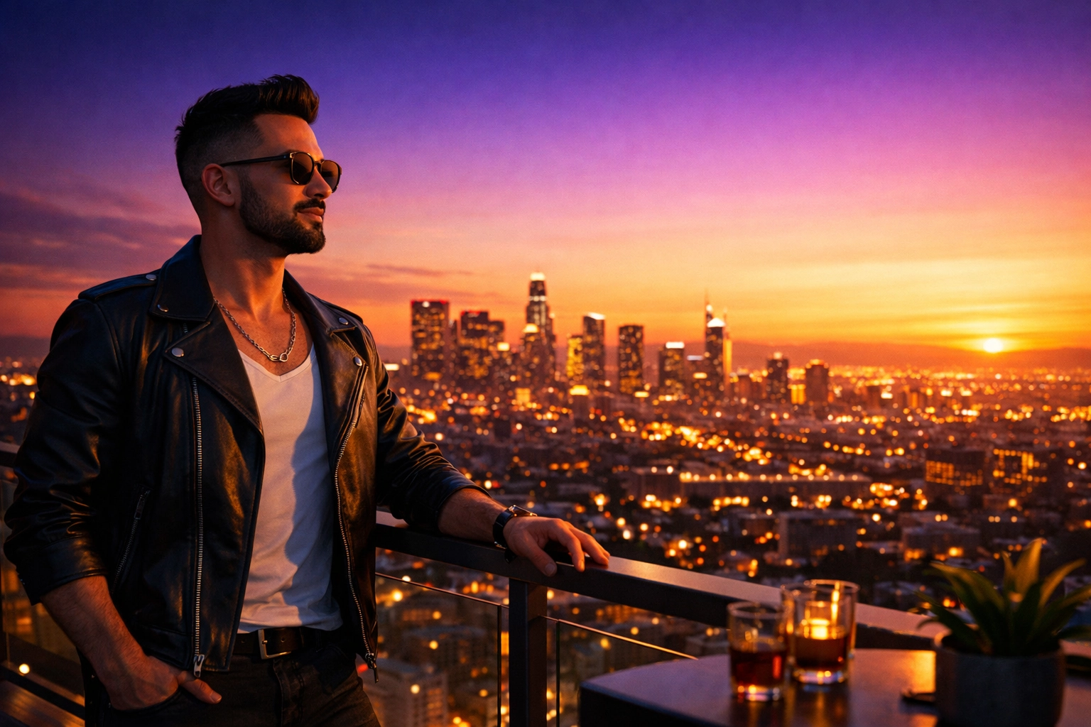 A confident gay man looking out over a city skyline at sunset, representing new beginnings.