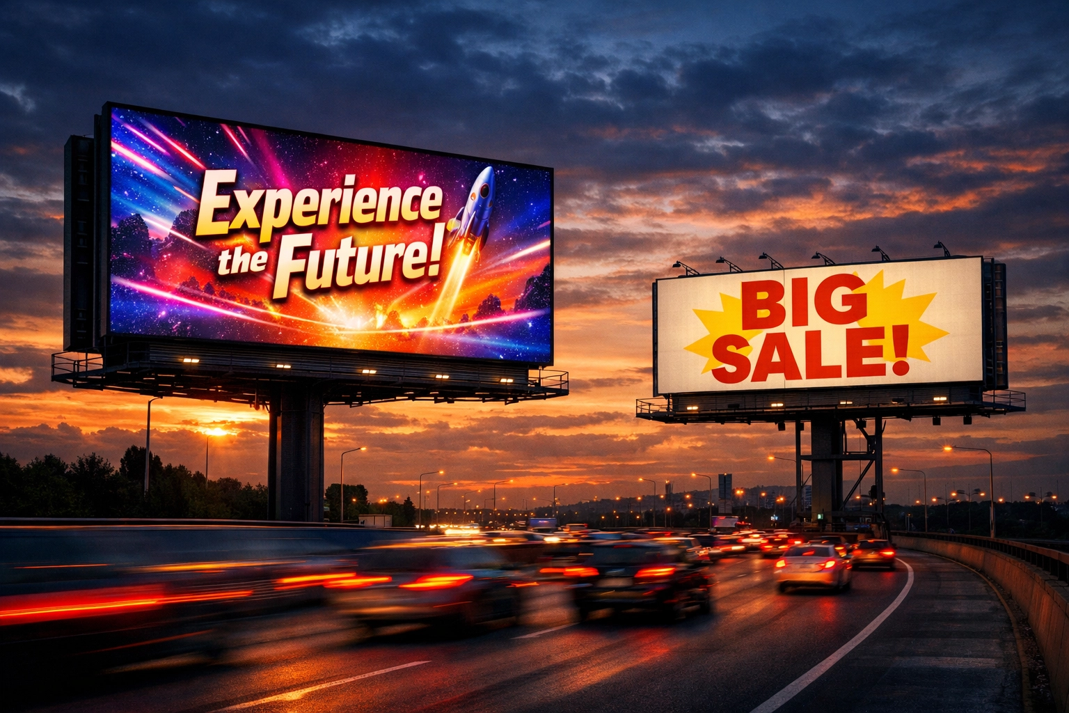 Digital and traditional billboards on highway showing modern outdoor advertising evolution