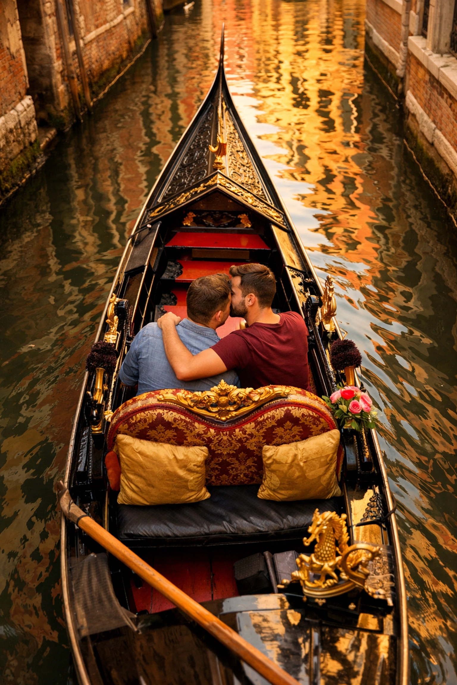 Gay couple enjoying romantic gondola ride through Venice canals