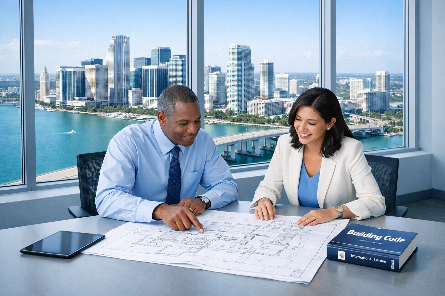 Miami permit expediter reviewing blueprints for South Florida construction permits with a view of the Miami skyline.