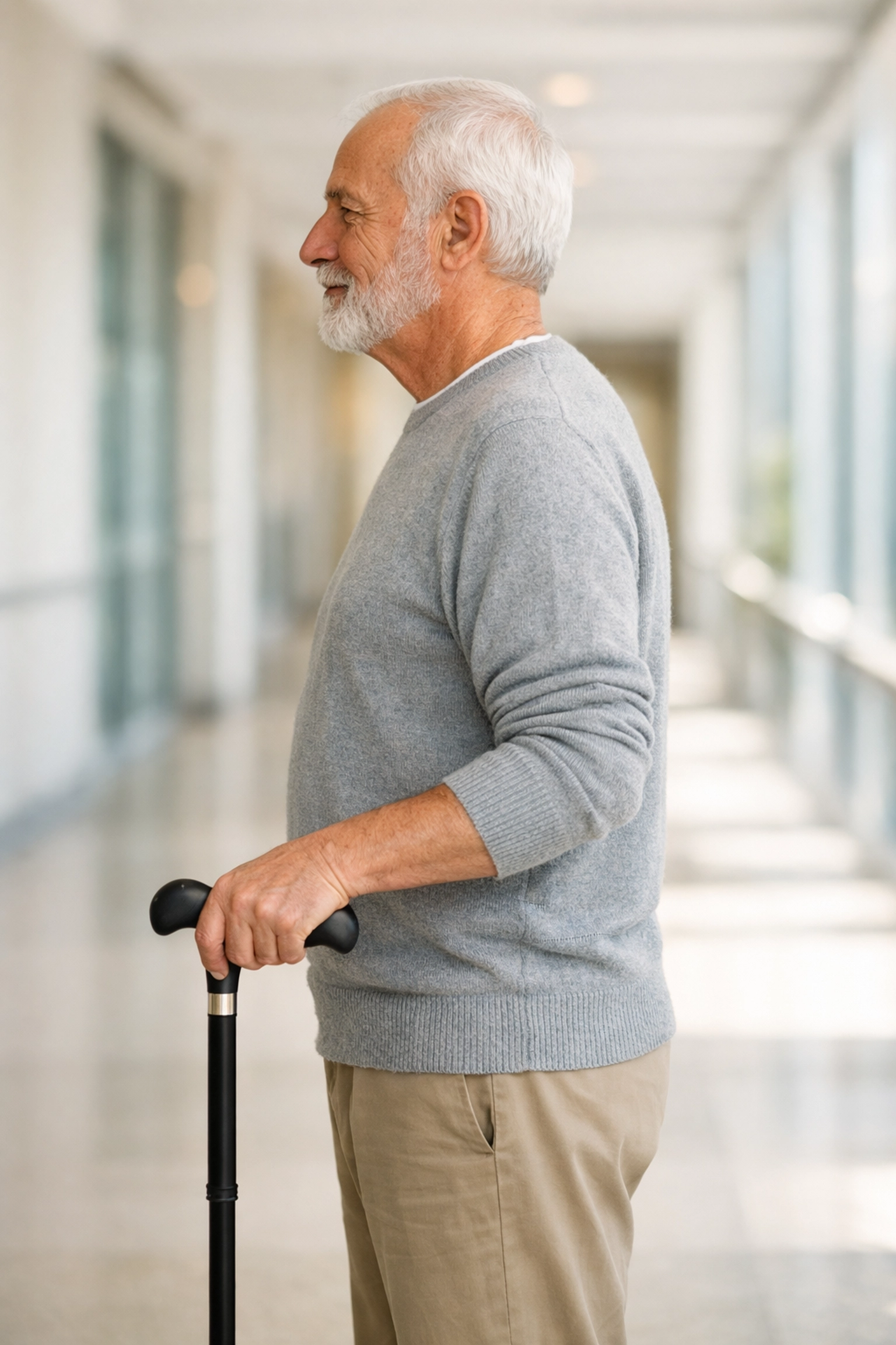 Senior man demonstrating the correct wrist crease height for a single-point mobility cane.