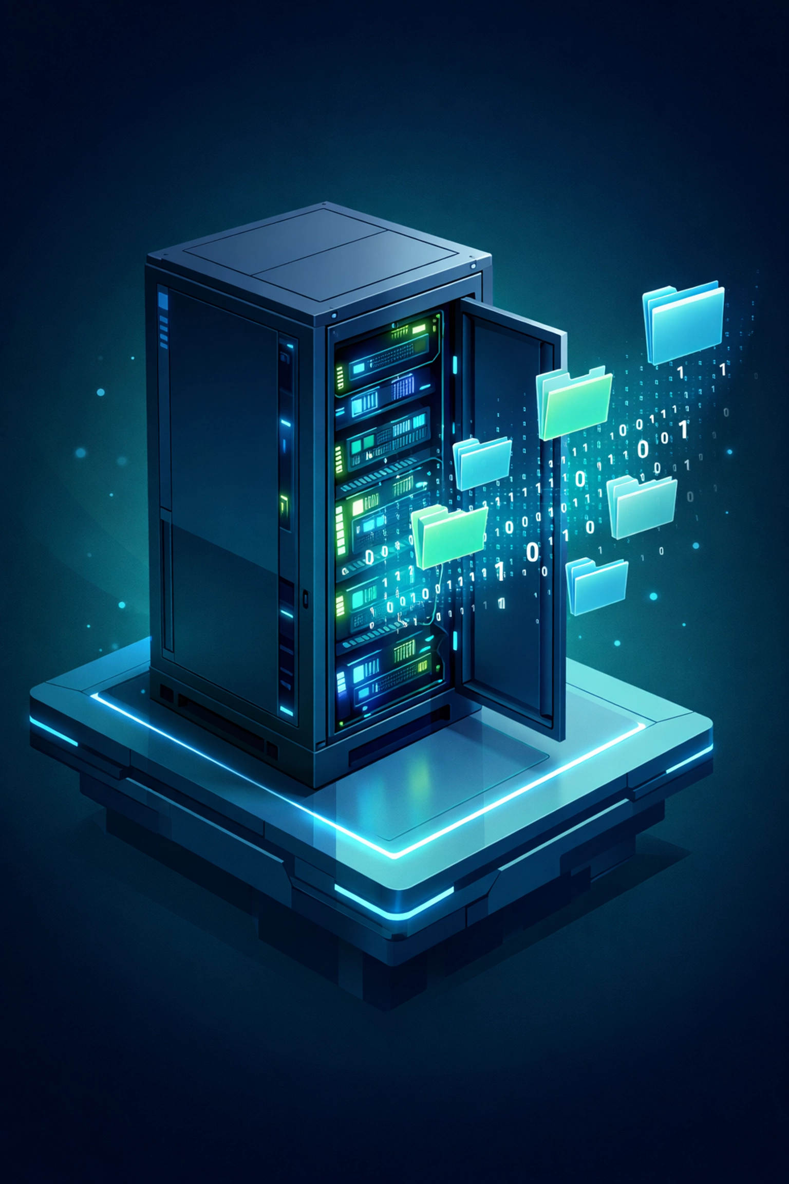Isometric server leaking data folders, representing how a weak vendor link leads to a massive data breach.
