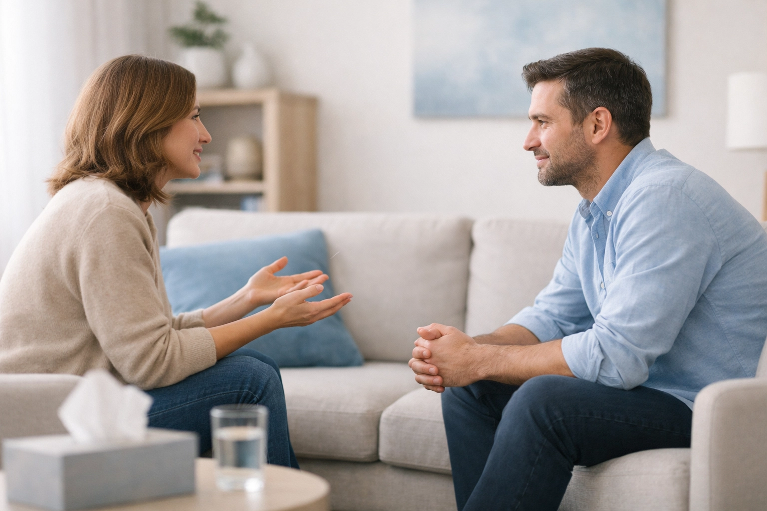 Couple in a therapy session using mentalization to navigate conflict and reduce relationship stressors.