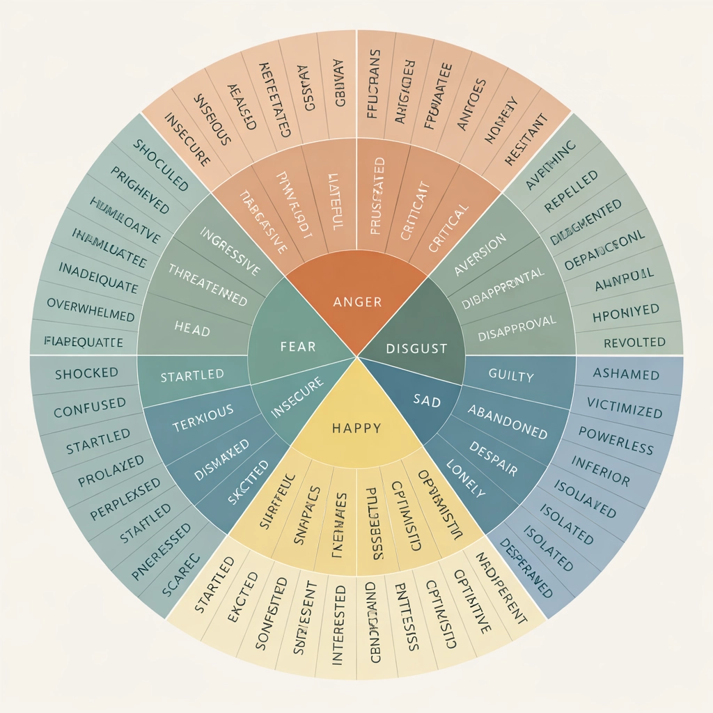 Emotion wheel chart showing a spectrum of emotions including shame