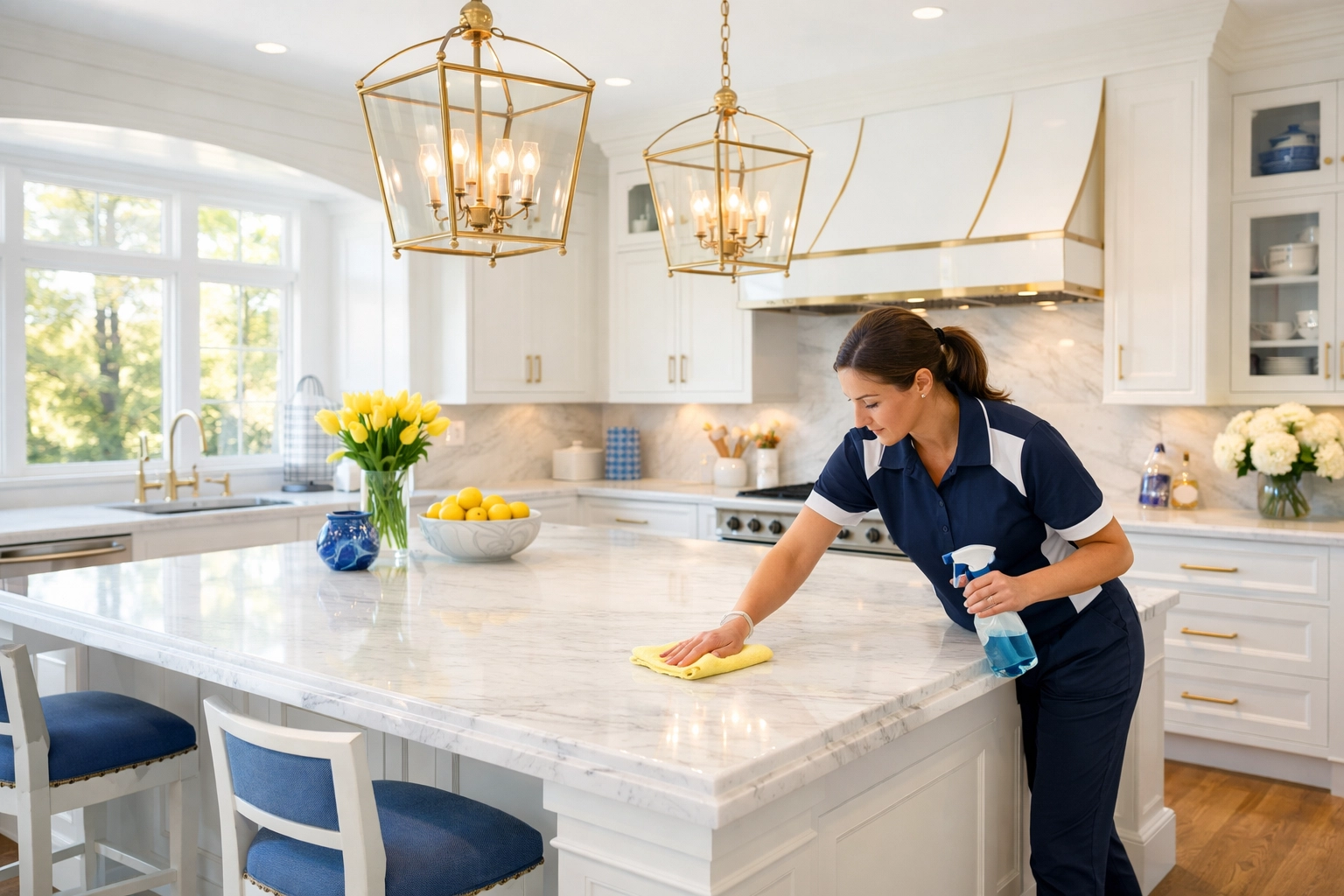 Professional specialist performing residential cleaning in Massachusetts on a luxury Dover estate kitchen island.