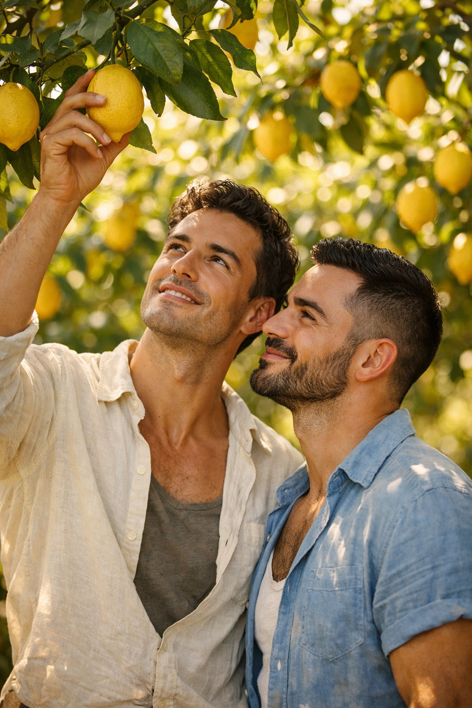 Two men share intimate moment in Sicilian lemon grove - MM romance setting