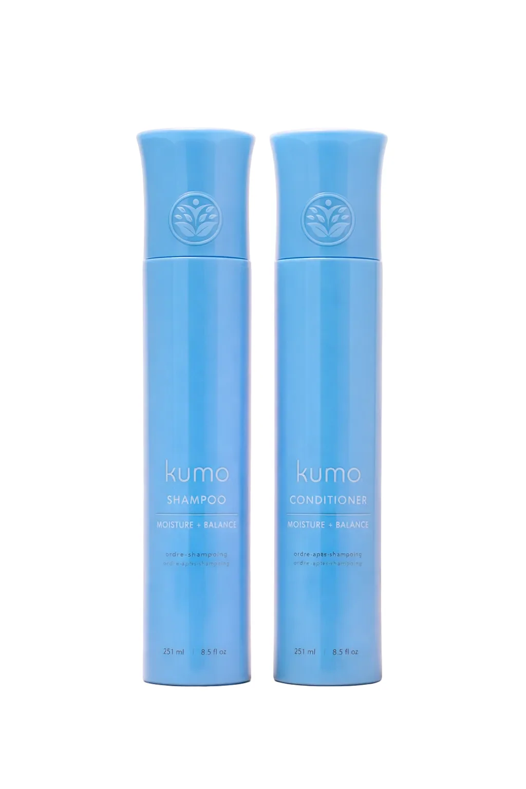Side-by-side of Kumo Luxe Moisture + Balance Shampoo and Conditioner