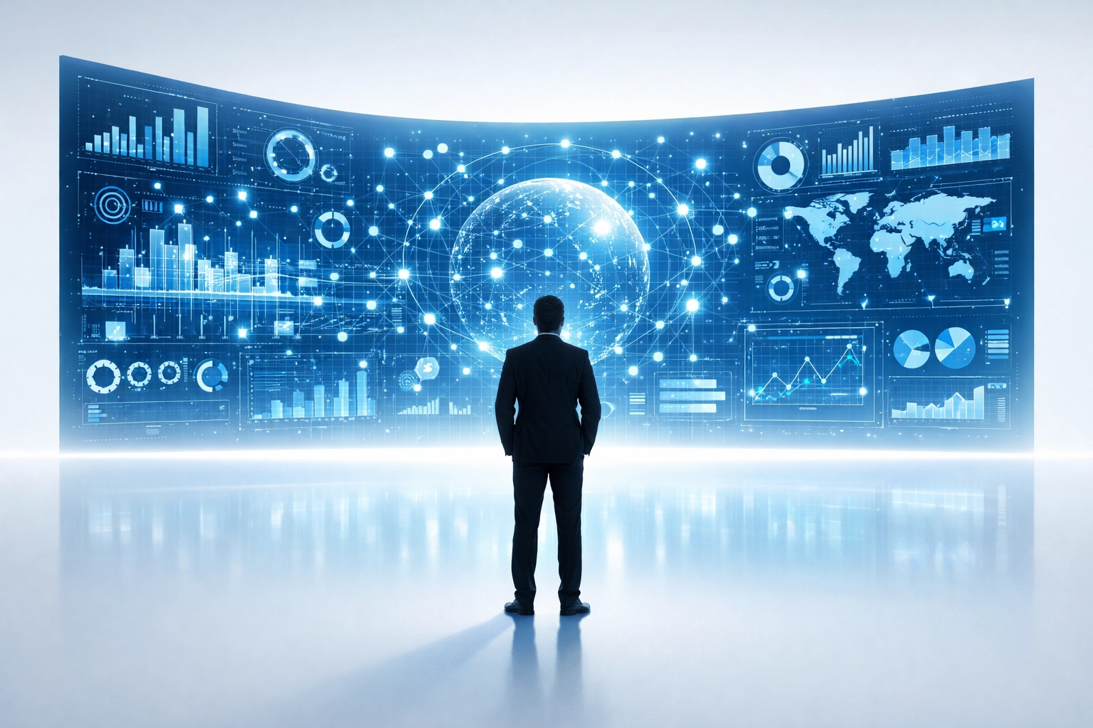 Professional silhouette at a holographic dashboard representing business scaling and AI-driven strategy.