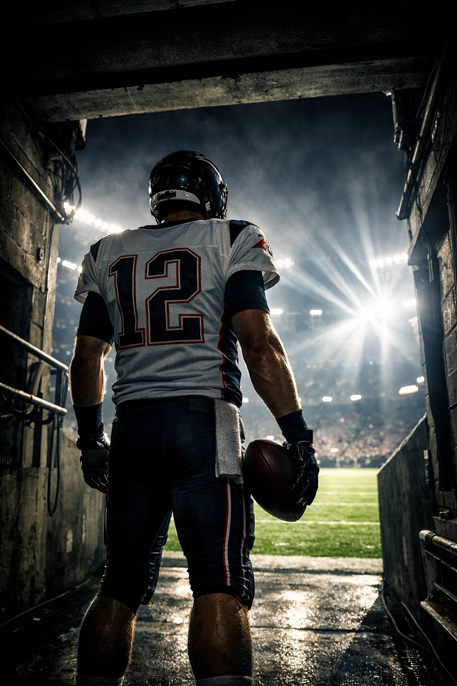 Professional athlete in a stadium tunnel mentally preparing to own the arena before a football game