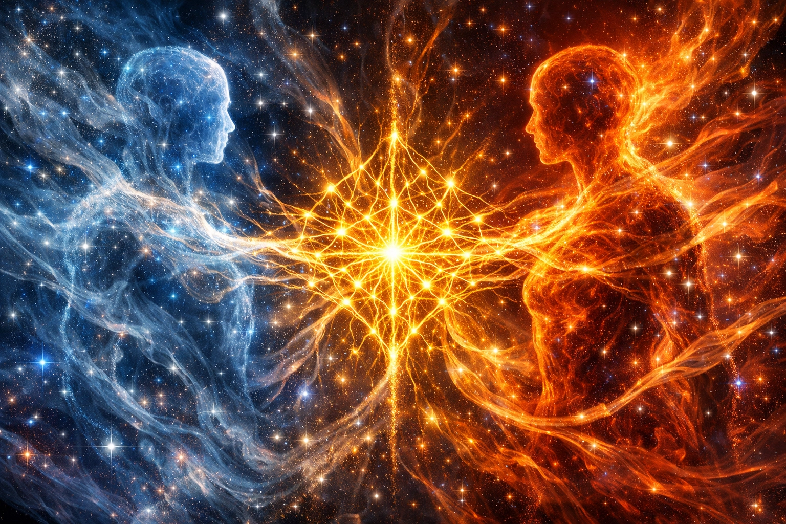 Ethereal figures connected by light symbolizing co-regulation to fix the pursue-withdraw cycle in relationships.