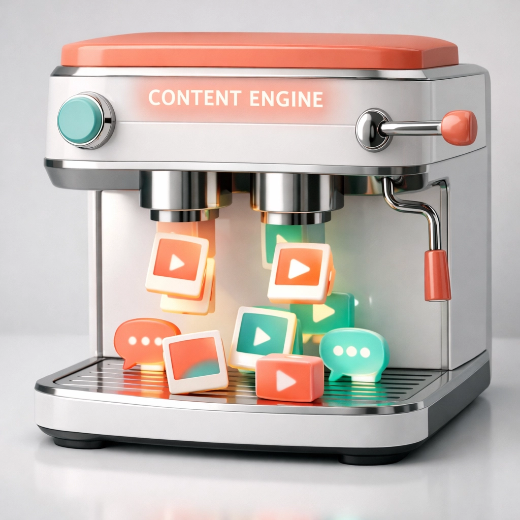 A streamlined content engine machine dispensing social media posts for an efficient small business marketing workflow.