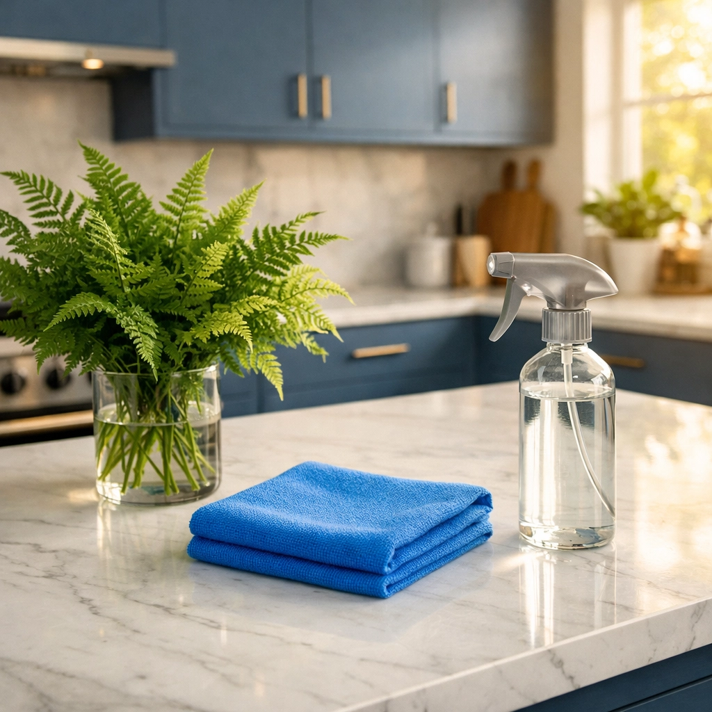 Eco-friendly kitchen cleaning in Truro featuring streak-free marble countertops and green cleaning supplies.