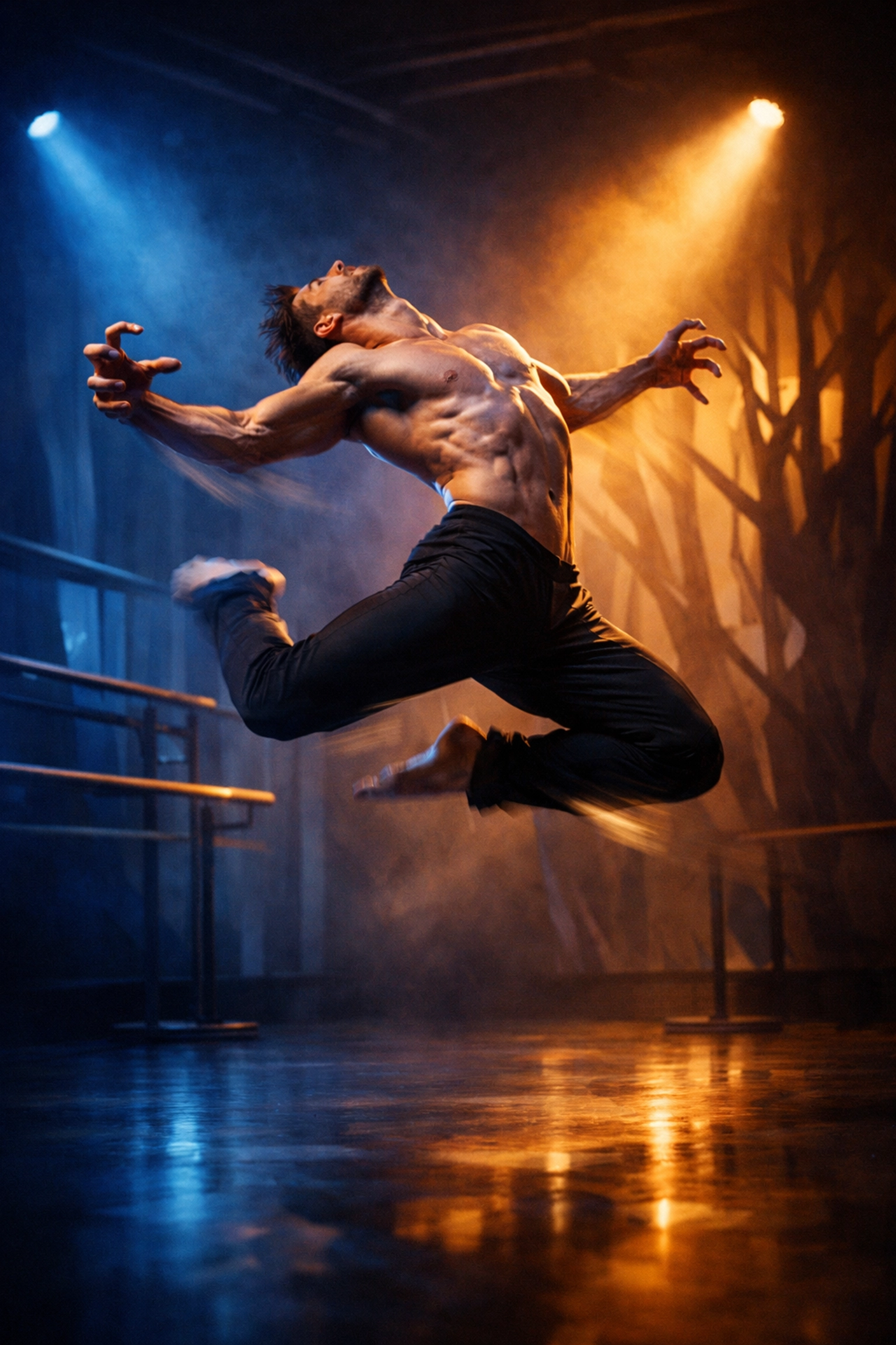 Male dancer leaping with raw power and wolf-like energy in modern dance studio