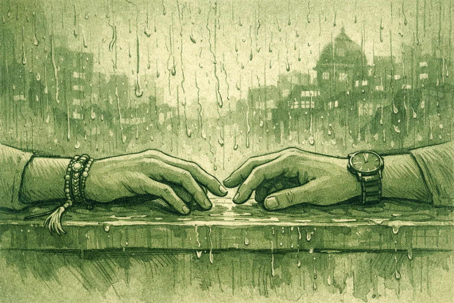 Hands nearly touching on rain-soaked window symbolizing forbidden step-brother love in Mumbai MM romance