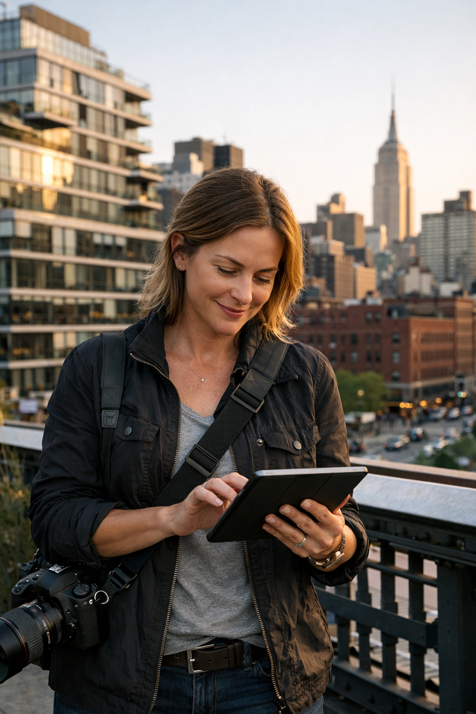 Photographer on the NYC High Line using a tablet to find jobs for photographers and manage new projects.