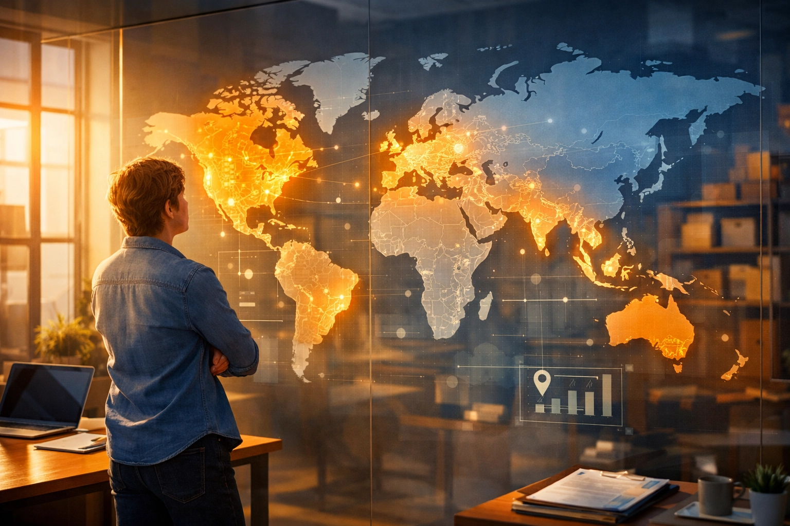 A small business owner researching global target markets on a digital map for international PPC growth.