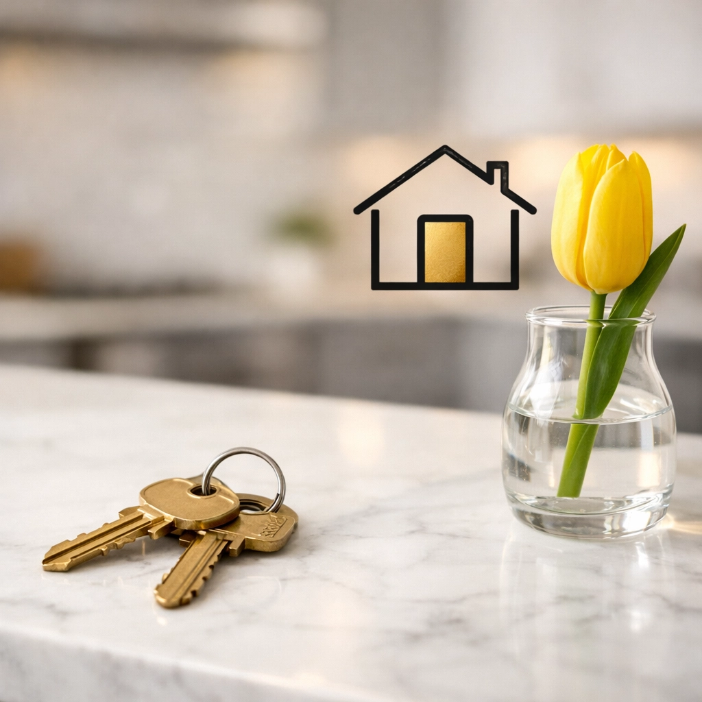 House keys on a marble counter representing a stress-free transition after downsizing a Columbus home.