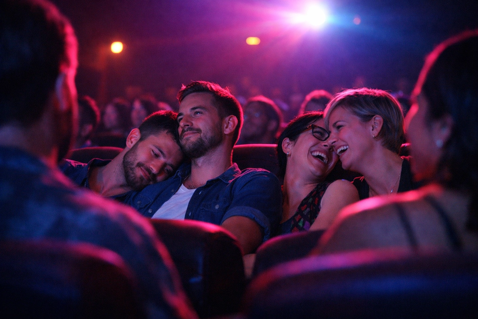 LGBTQ+ community members sharing a moment of joy and connection at a queer film festival screening.