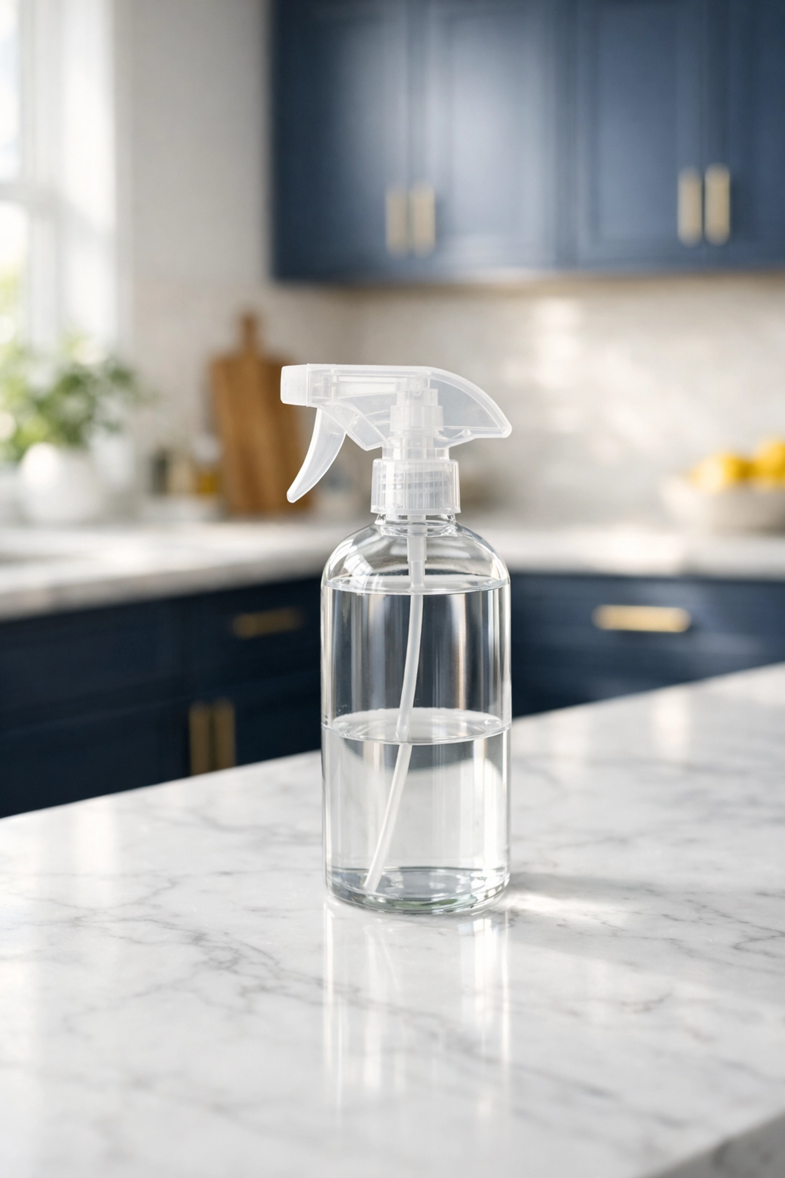 Natural vinegar and water window cleaning solution in a spray bottle on a modern kitchen counter for streak-free glass.