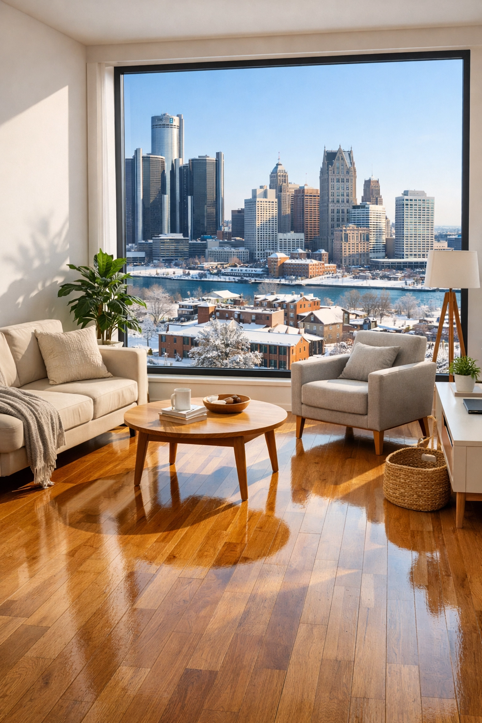 Polished hardwood floors and clean windows in a Detroit apartment showing high maintenance standards during winter.