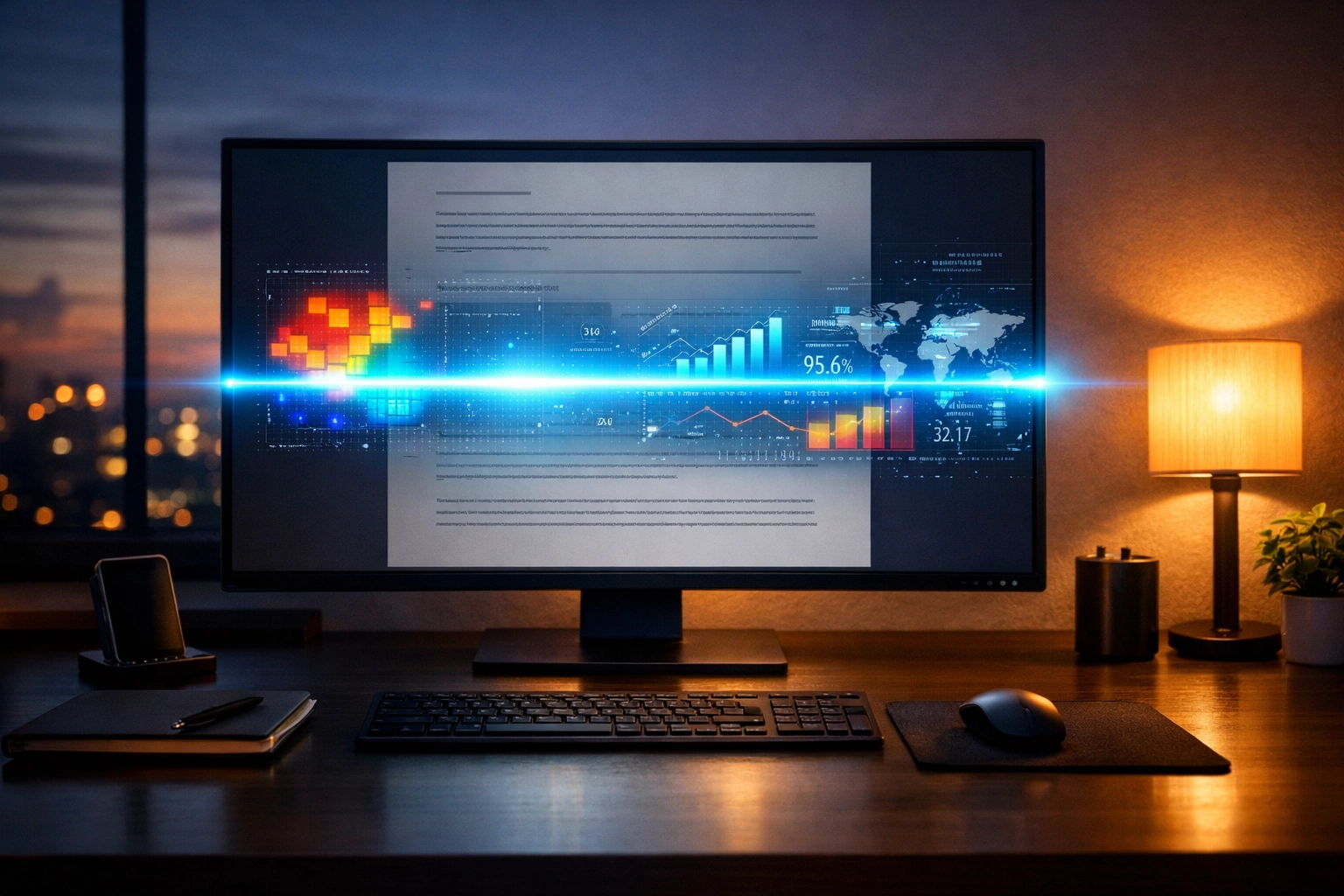 Modern workstation screen showing an AI scanning beam analyzing a digital resume for ATS.
