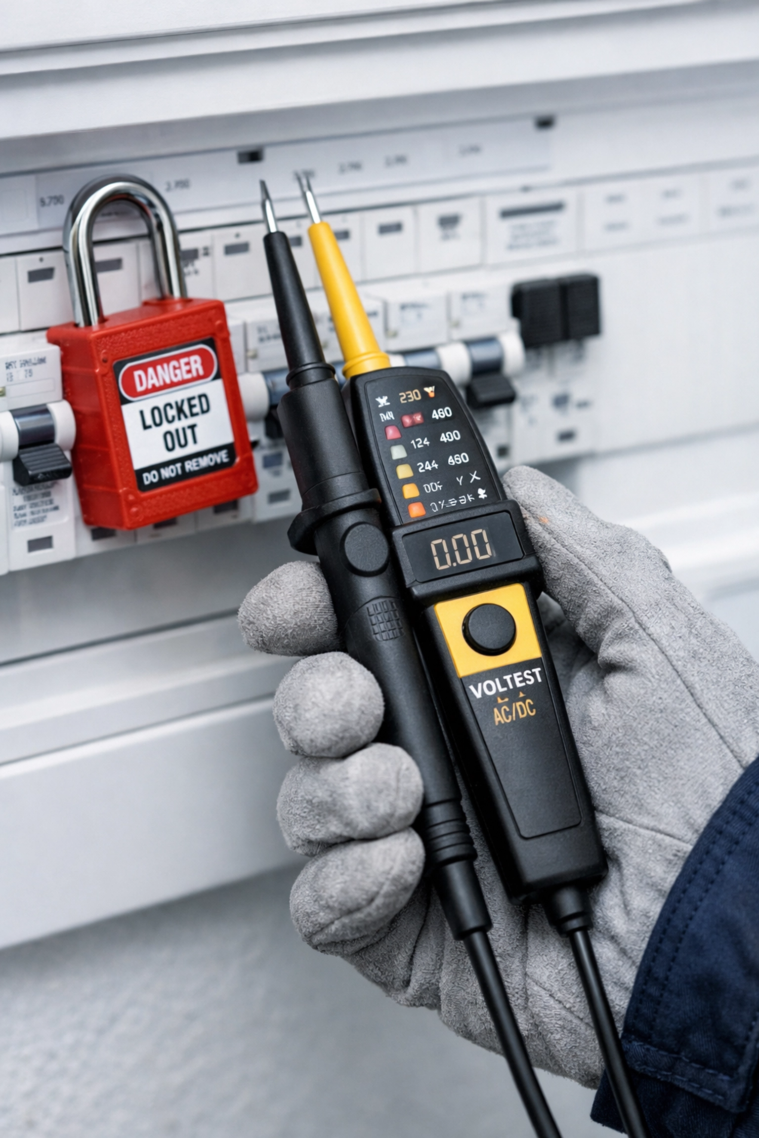 Qualified electrician performing safe isolation on a distribution board for electrical safety in a Poole home.