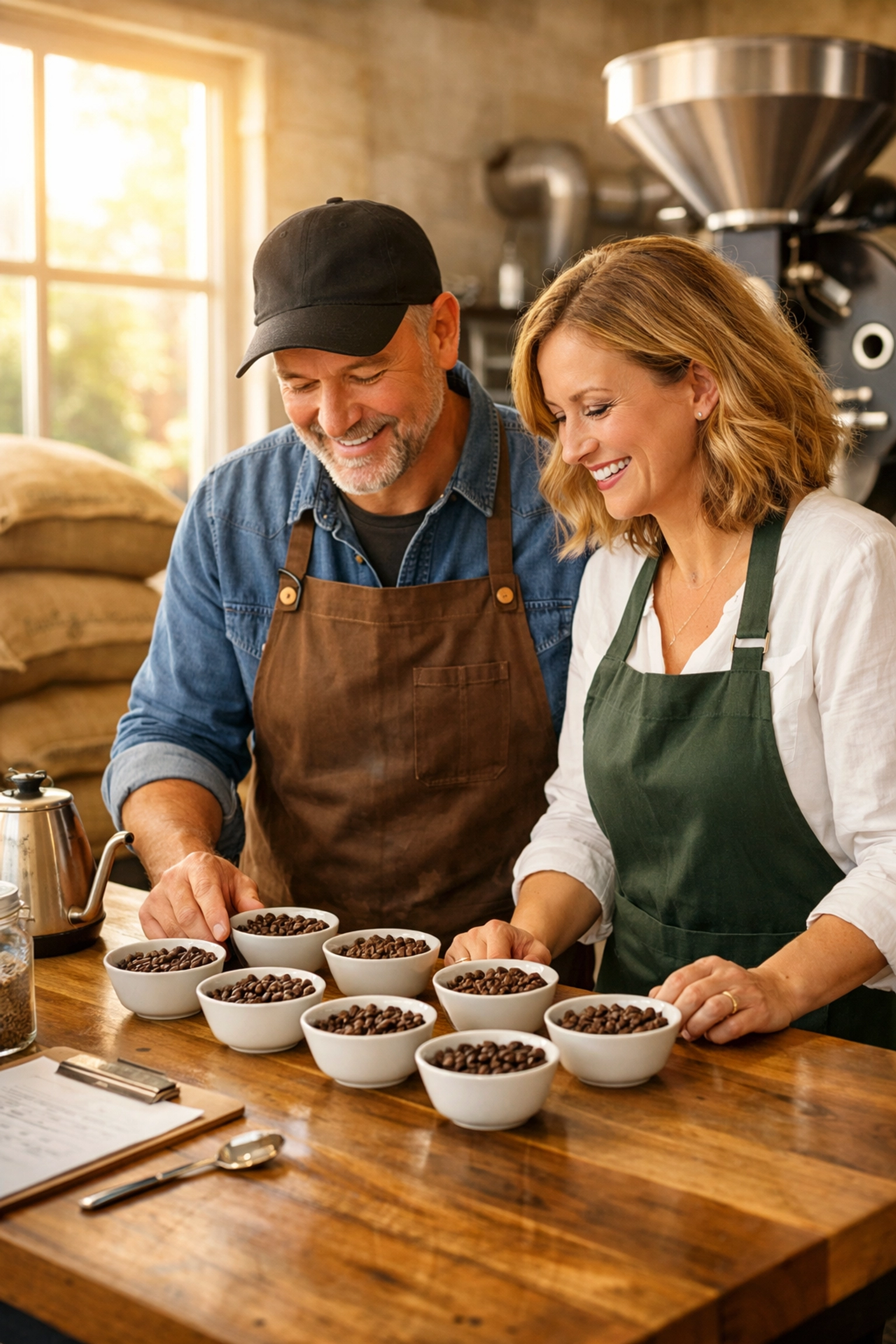 Professional coffee roaster and café owner evaluating wholesale specialty coffee beans in a roastery.