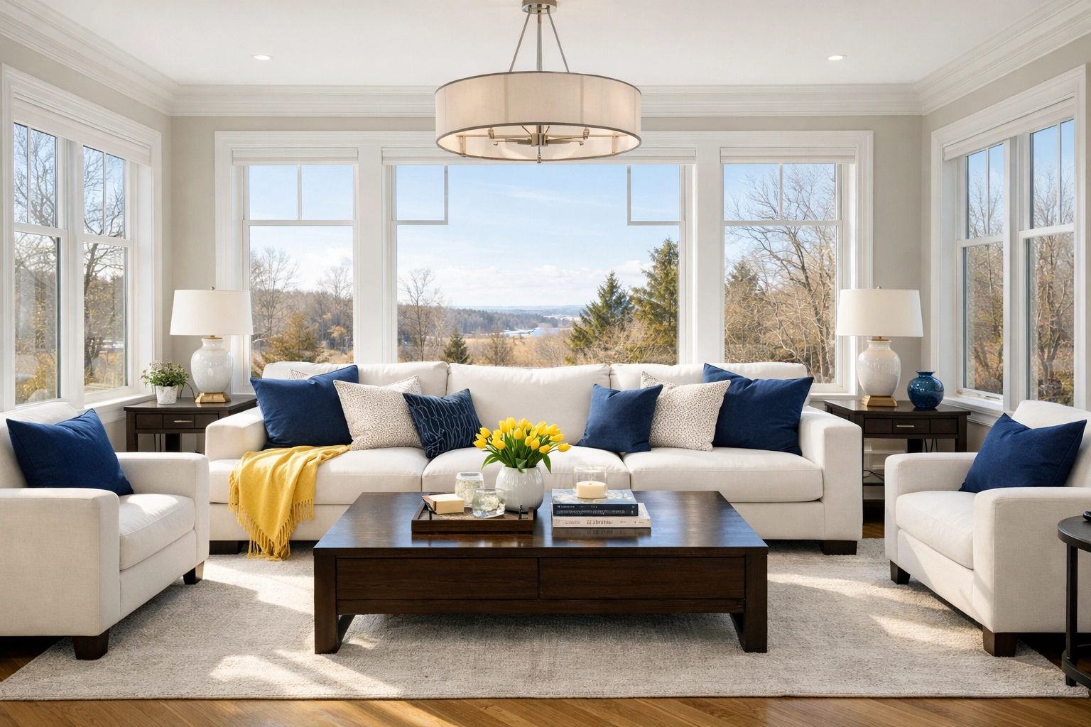 An organized, sun-drenched living room in a Massachusetts home promoting mental clarity.