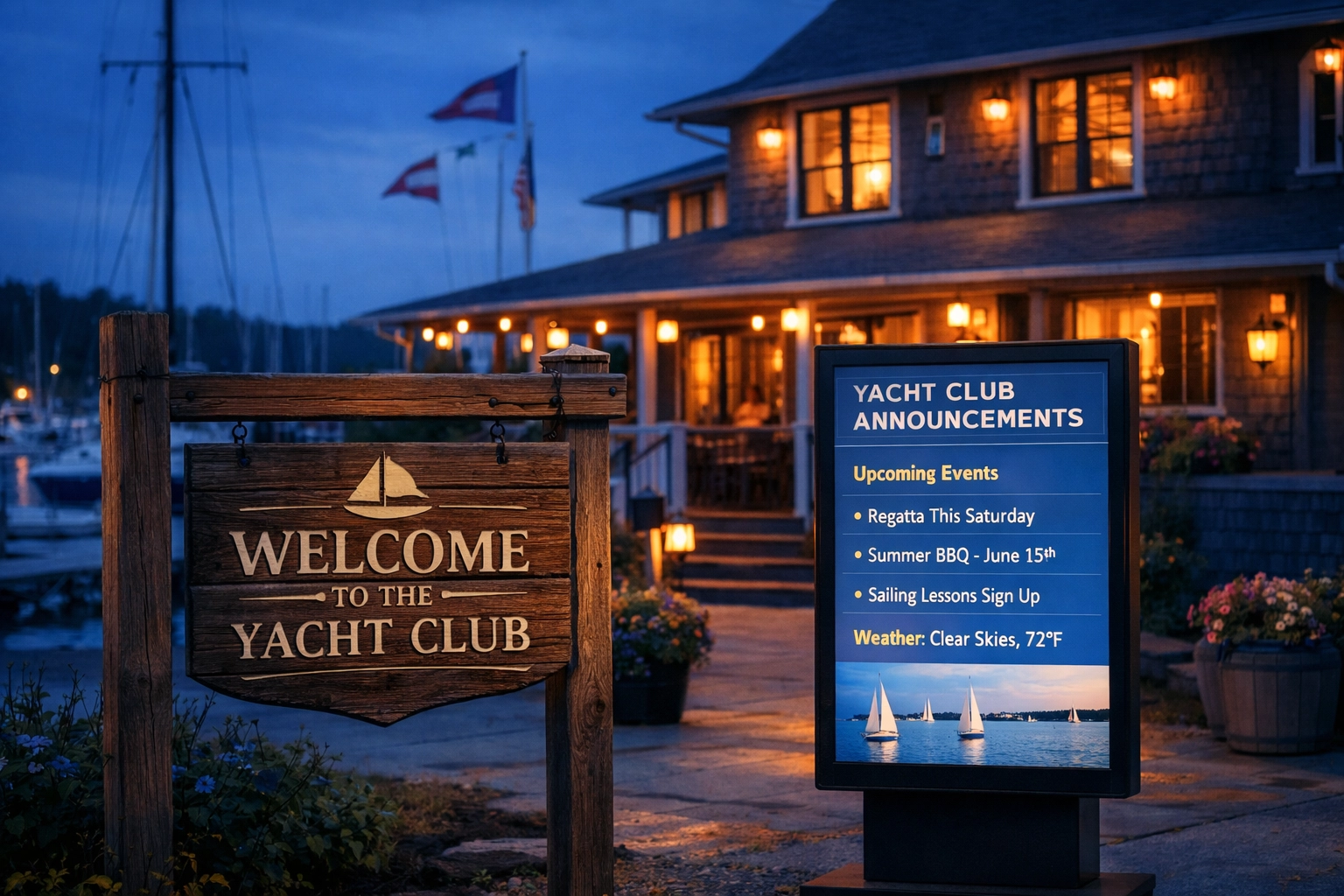Yacht club building blending traditional maritime charm with modern digital member communication