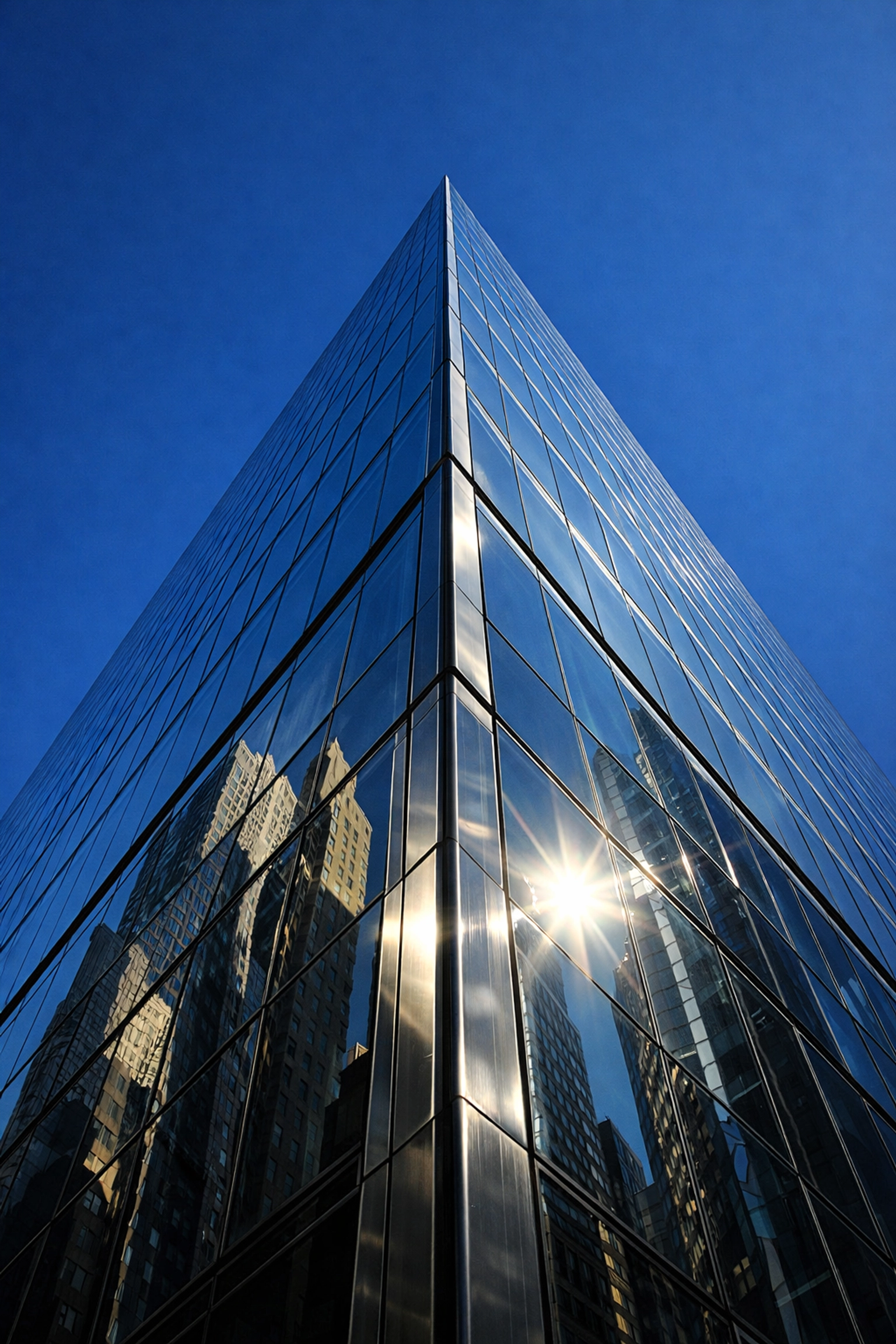 Abstract worm’s-eye view of a glass skyscraper reflecting the city for street photography ideas.