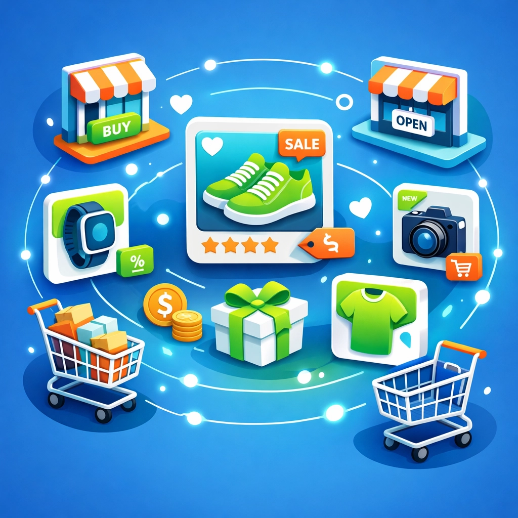 Digital marketplace displaying online products and storefronts for selling digital goods