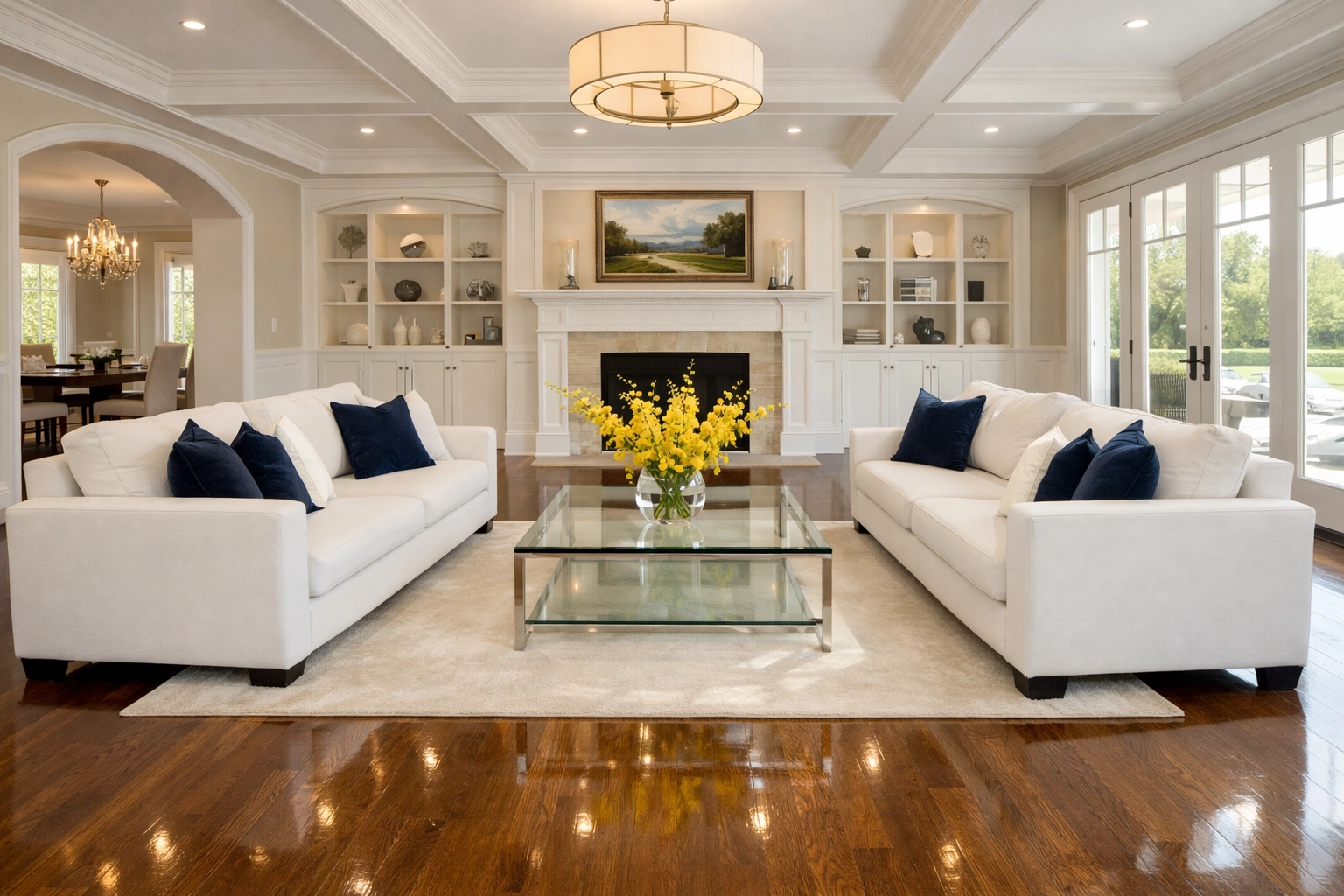 Luxury living room with polished floors after a professional weekly house cleaning in Westford.