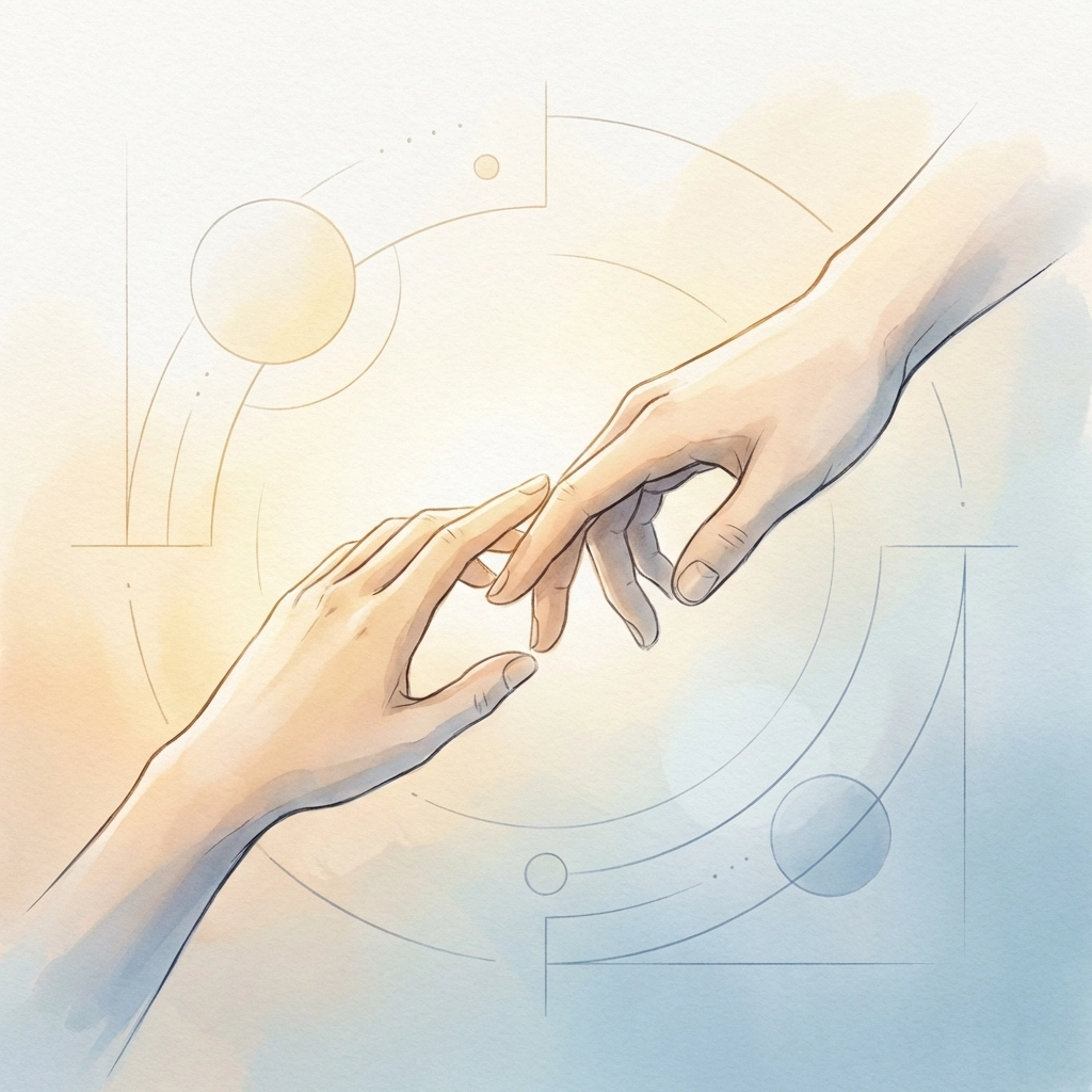 Two hands reaching toward each other, symbolizing connection and compassion in a faith context