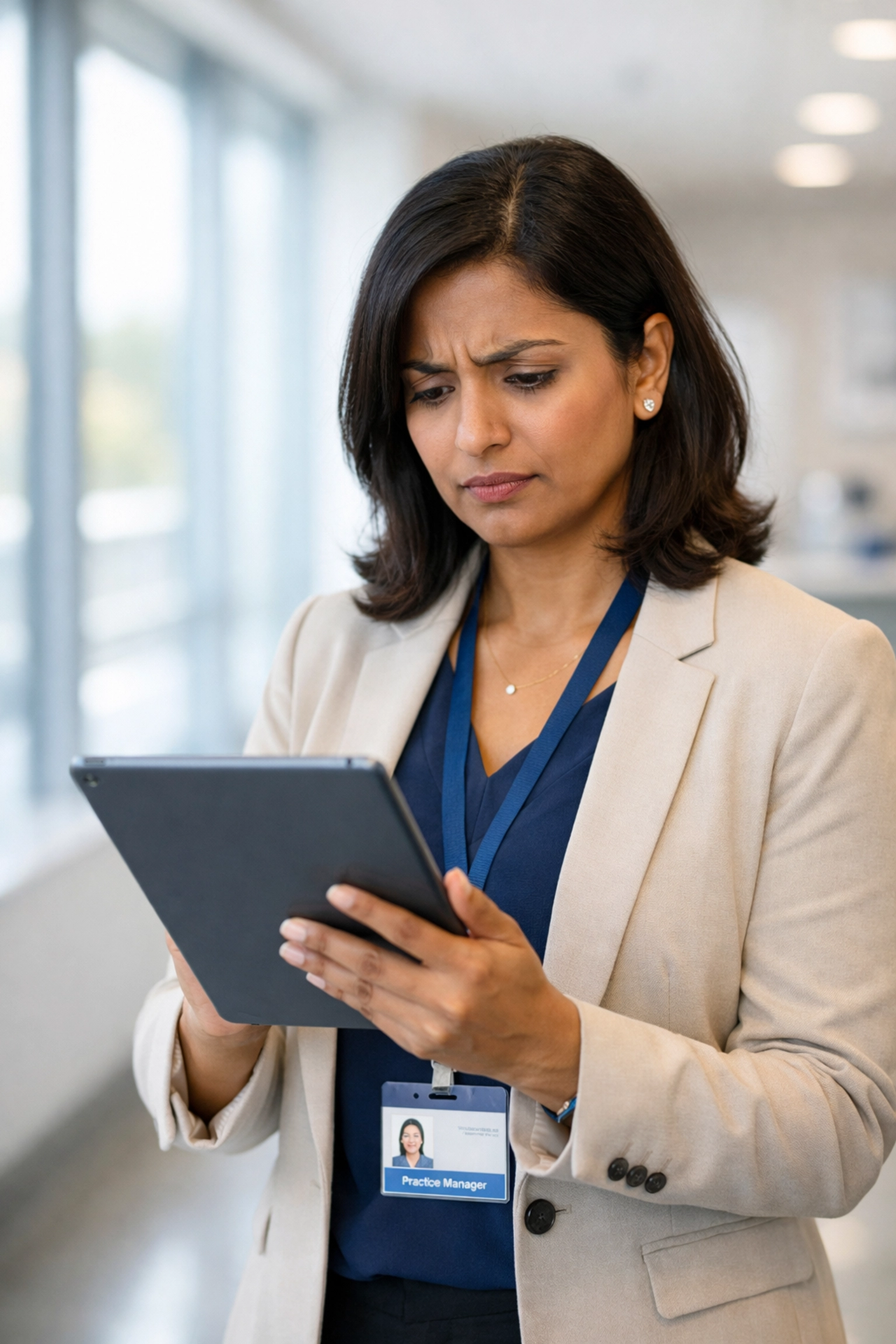 Medical practice manager reviewing billing reports on a tablet to identify revenue leakage in a modern clinic.