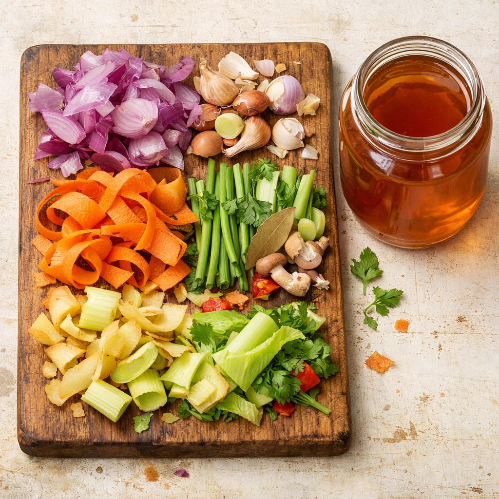 Fresh vegetable scraps and homemade vegetable stock on a wooden board illustrating low-waste cooking.