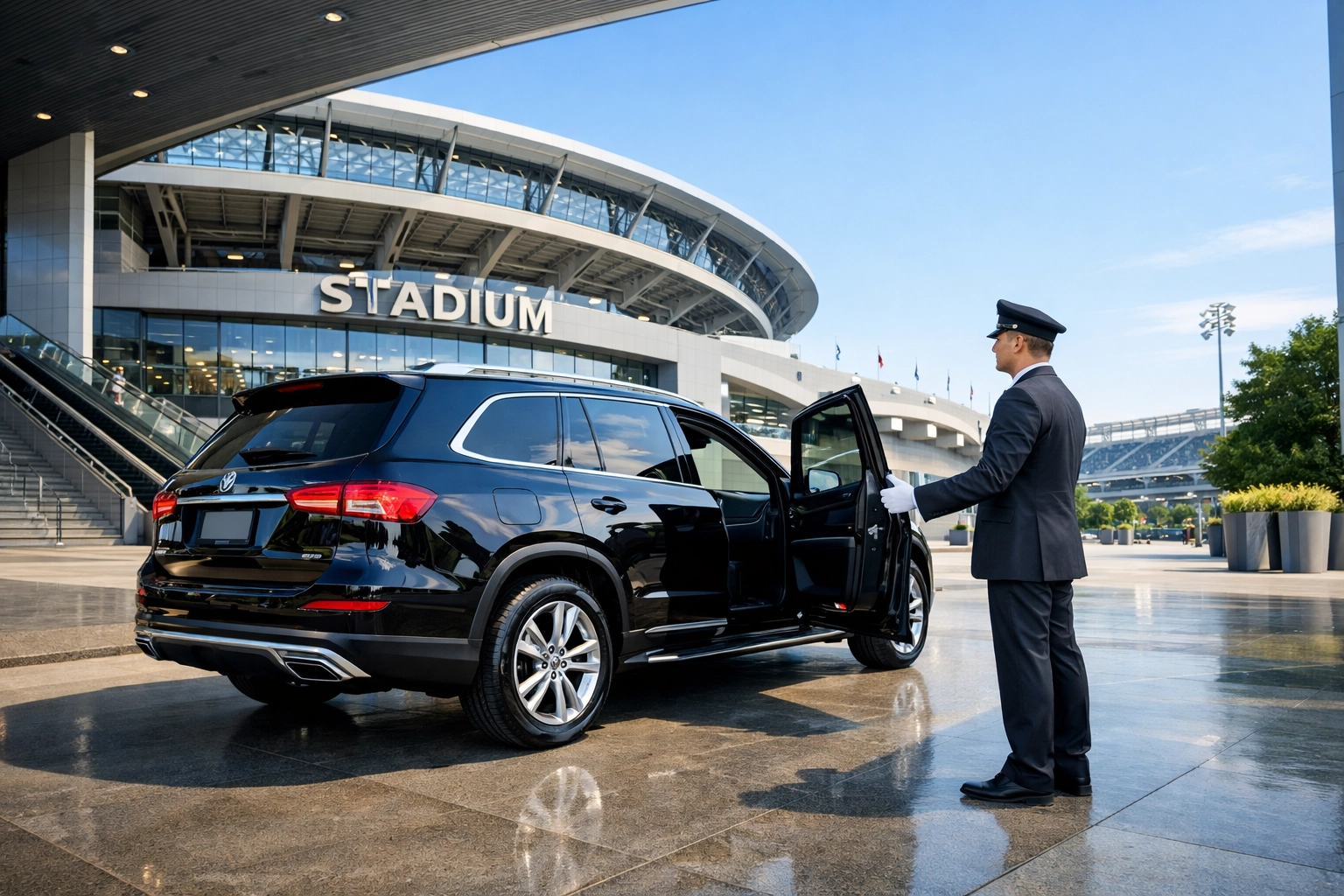 Luxury VIP SUV transport arrival at a sports stadium for executive branding events.