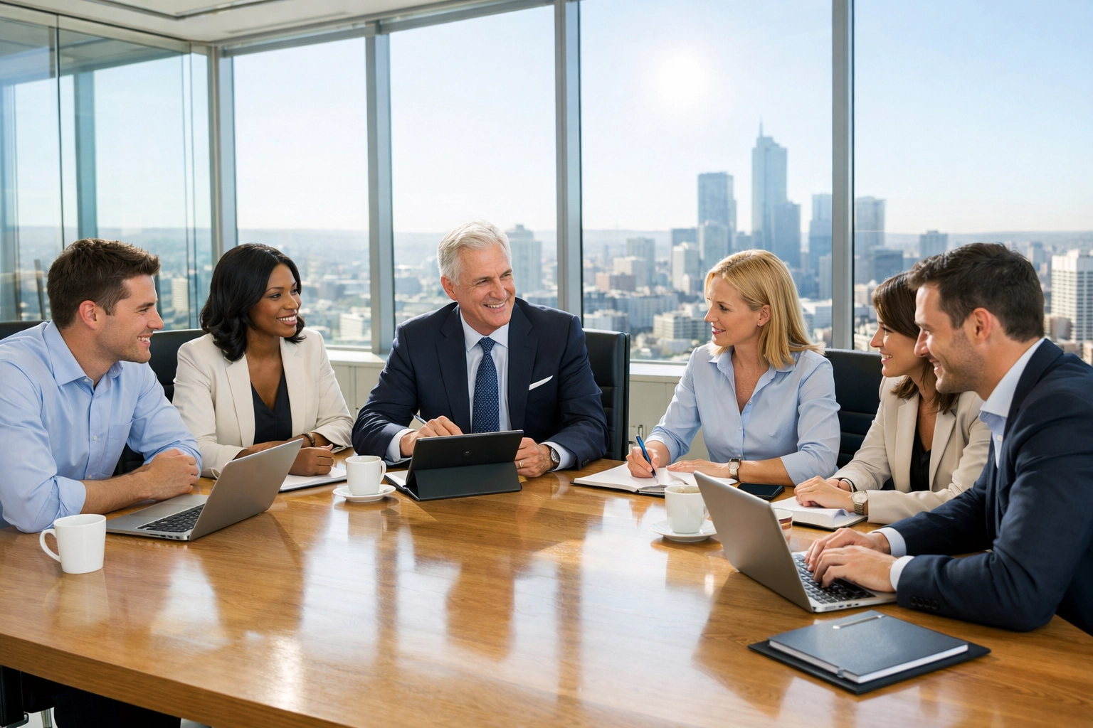 Corporate team collaborating on post-game networking follow-up and business ROI strategy.