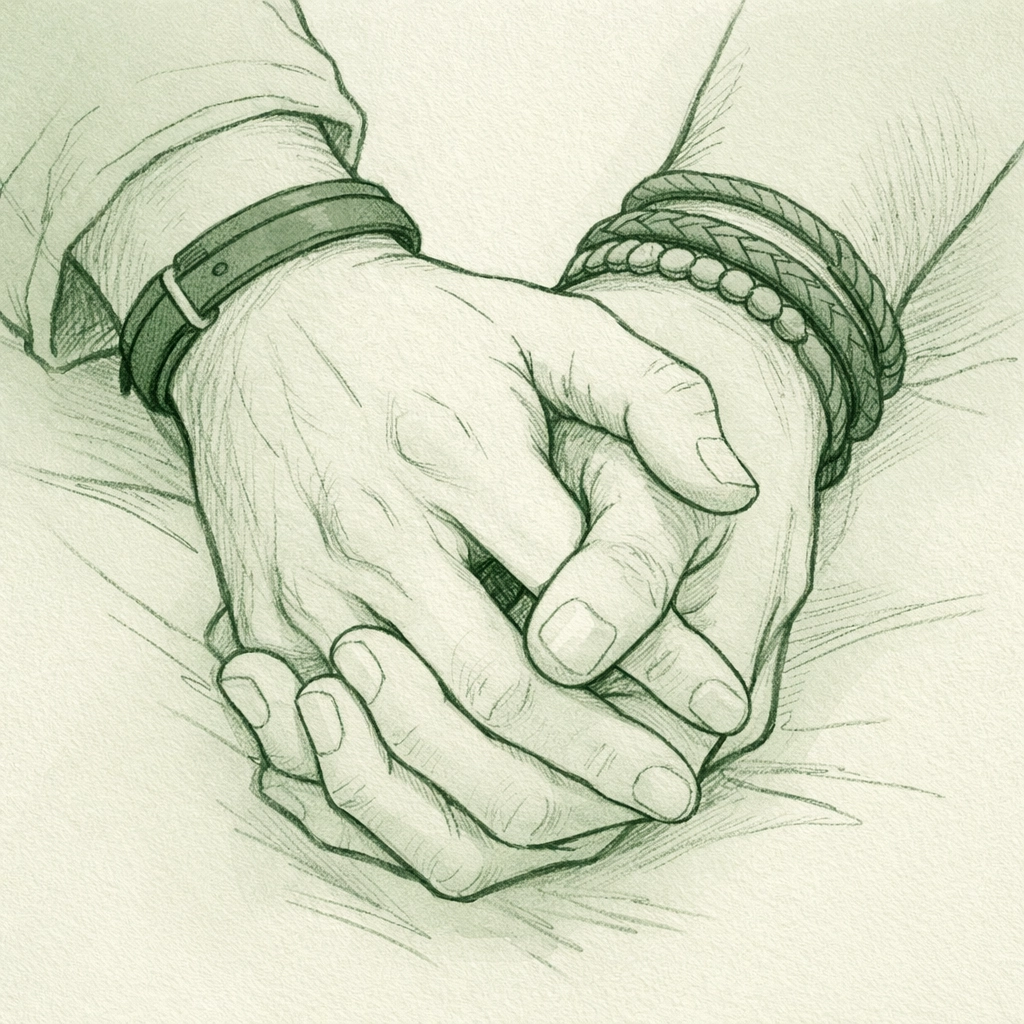 Intertwined hands with leather accessories symbolizing trust in gay romance and fetish community