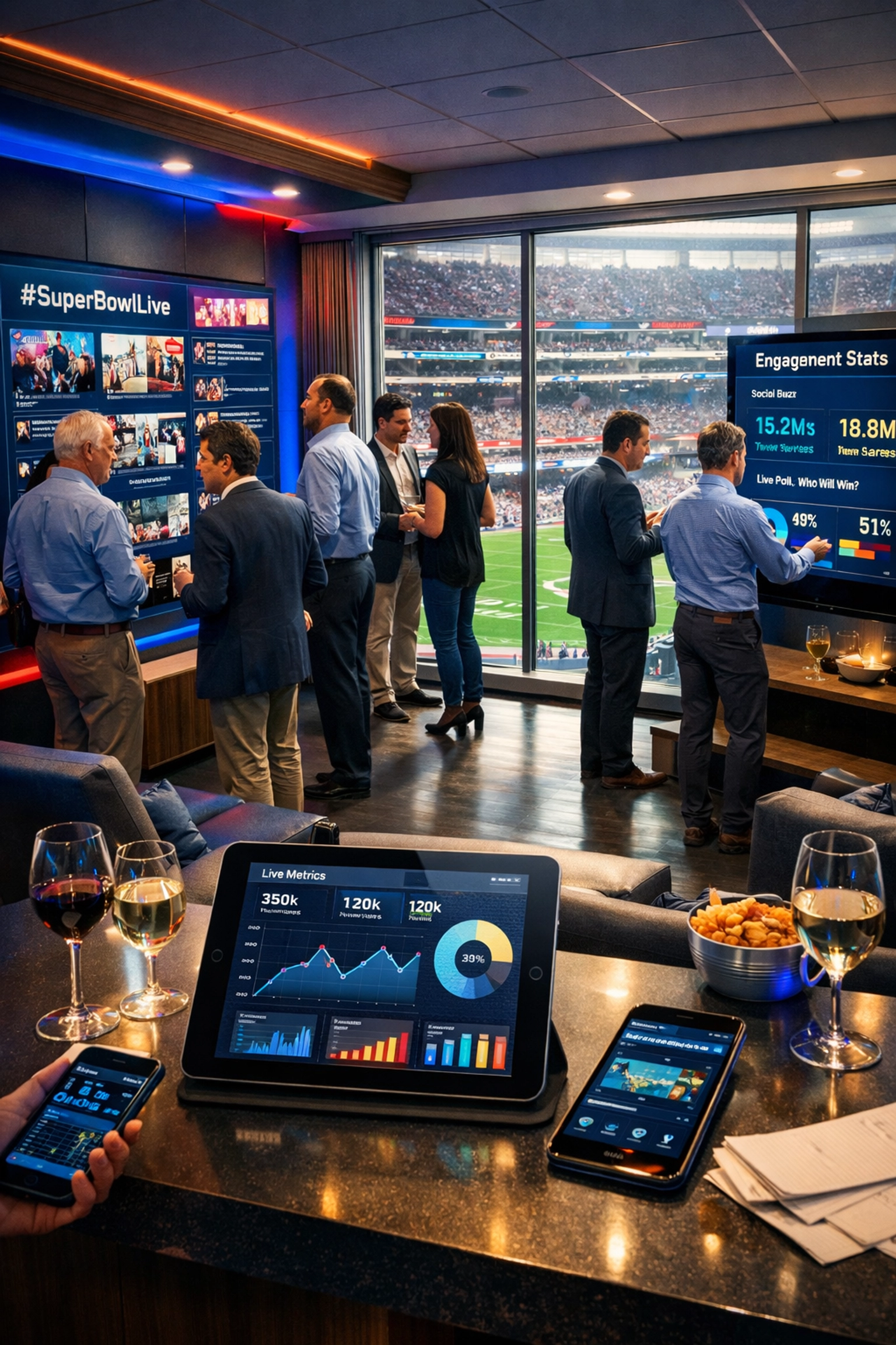 Executive hospitality suite at Super Bowl with digital analytics and networking