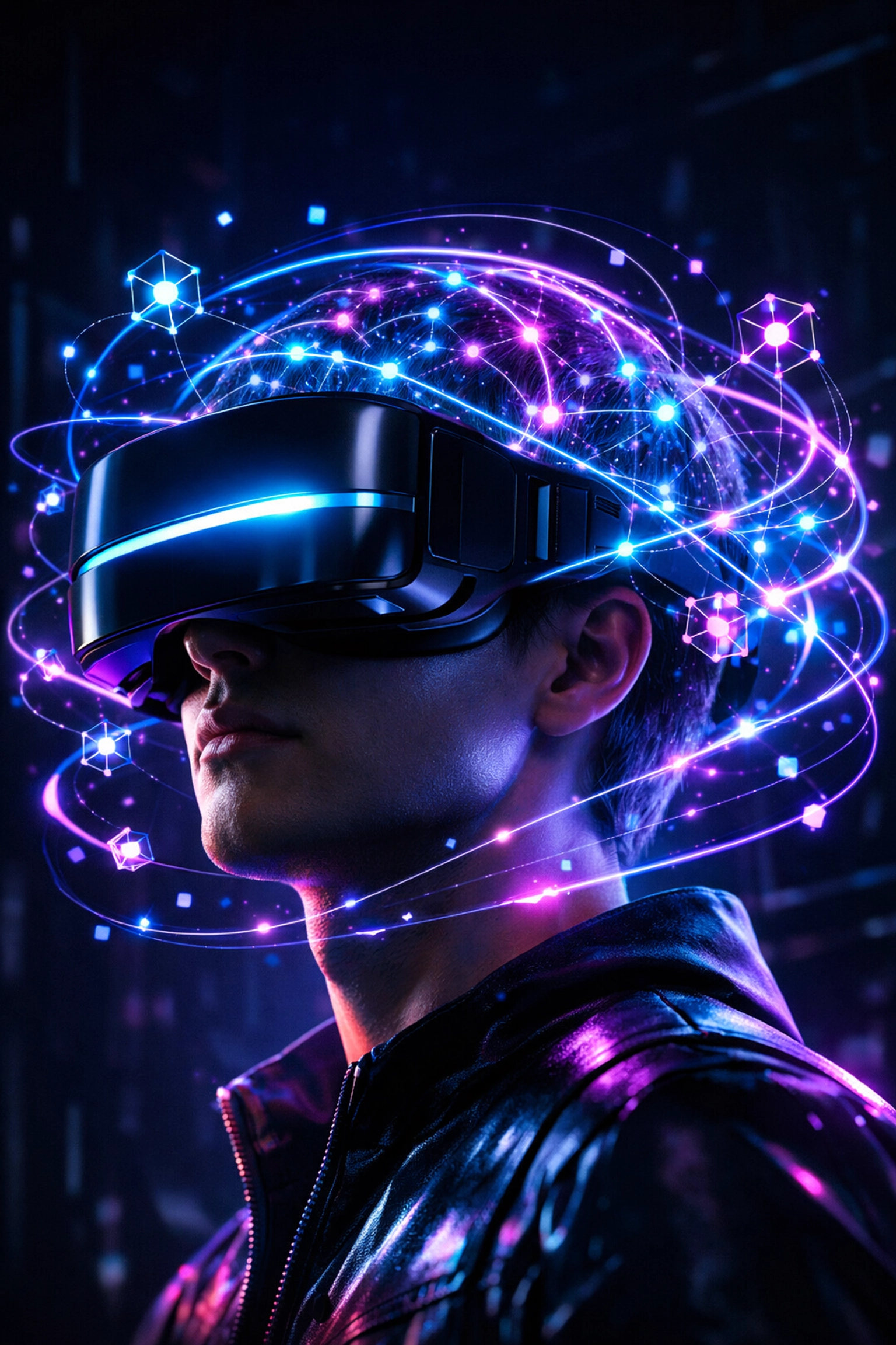 Employee wearing a VR headset with holographic neural paths showing knowledge retention in XR training.