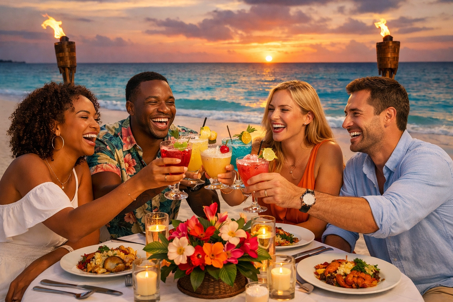 Beachfront dinner at luxury all-inclusive Caribbean resort with ocean views