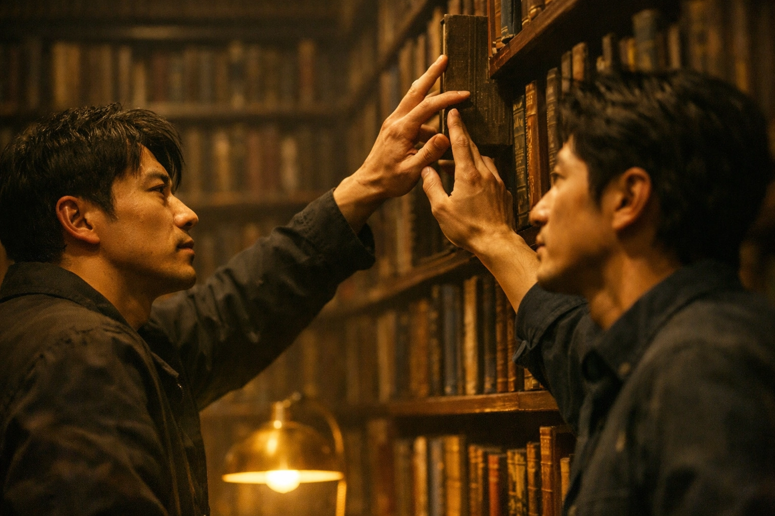 Two male scholars reaching for same book in university library - forbidden MM romance in China