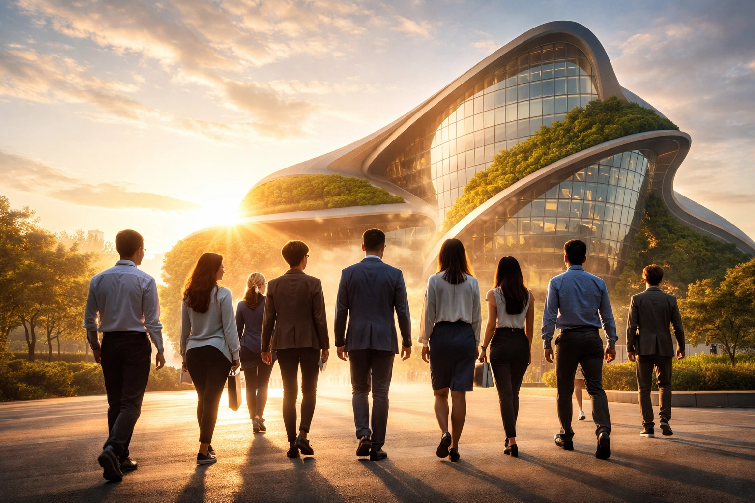 Diverse professionals approaching a futuristic, inclusive office building at sunrise, representing the future of work