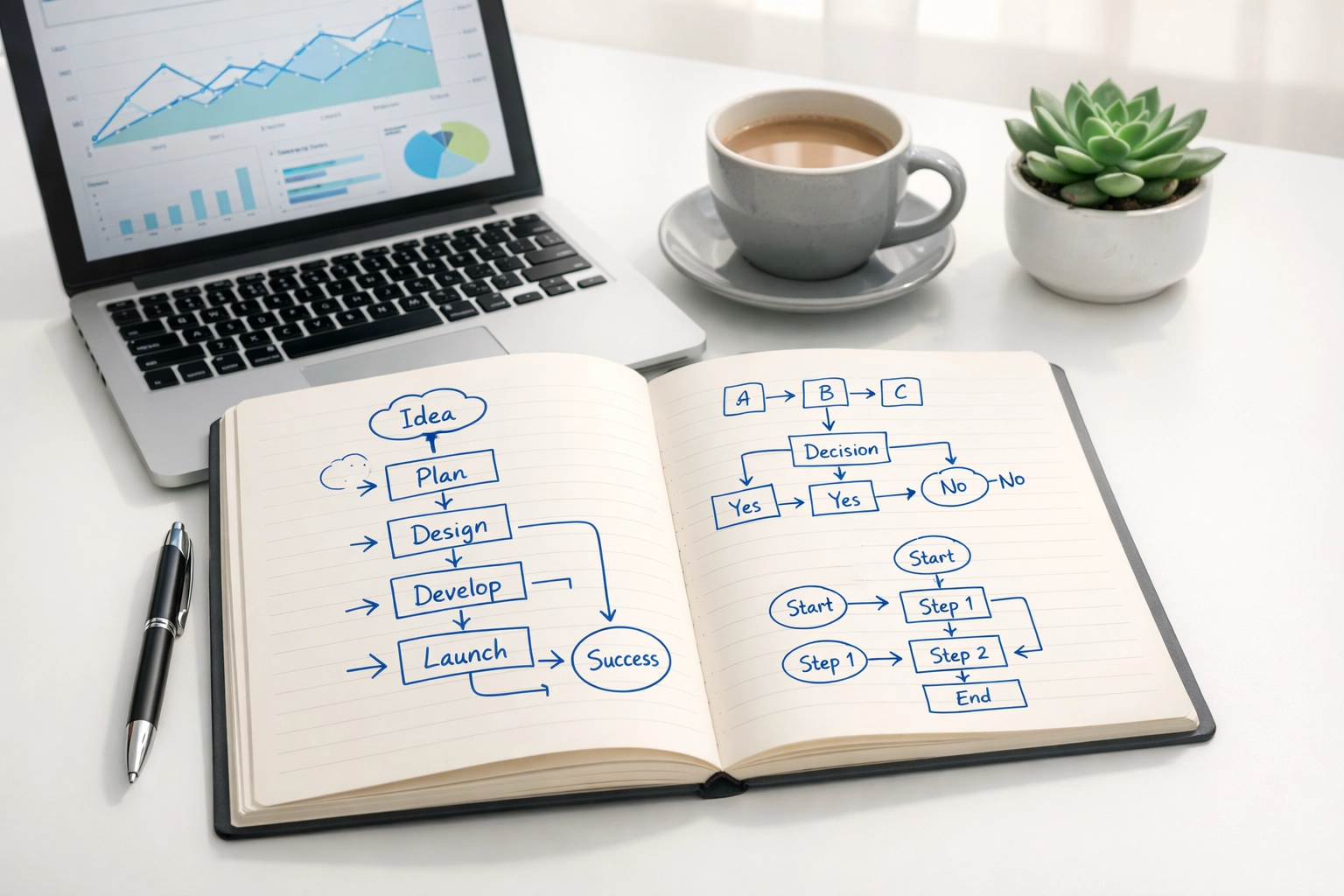 Professional workspace with marketing strategy planning and analytics for rehab facilities