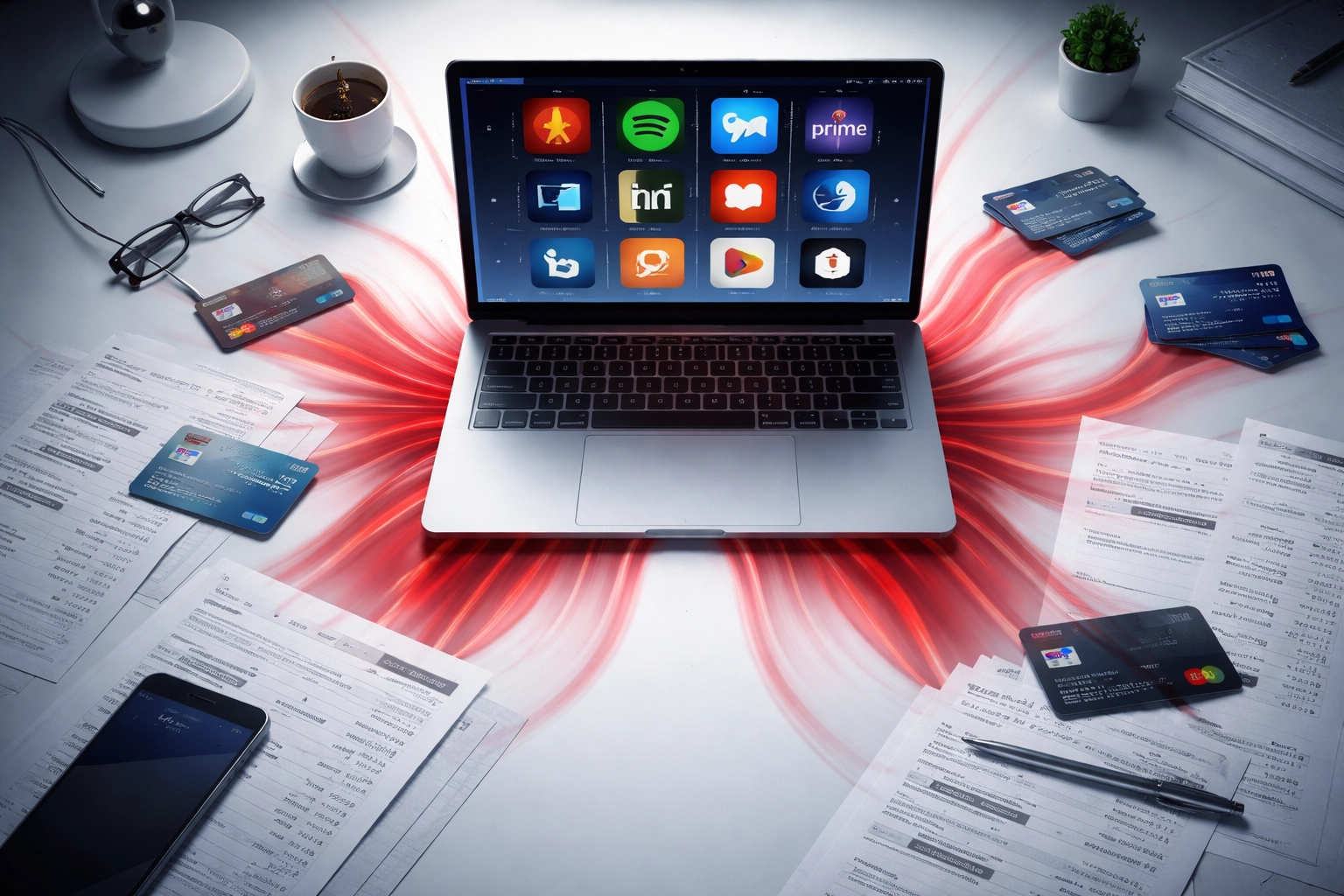 Business desk showing multiple subscription icons draining money