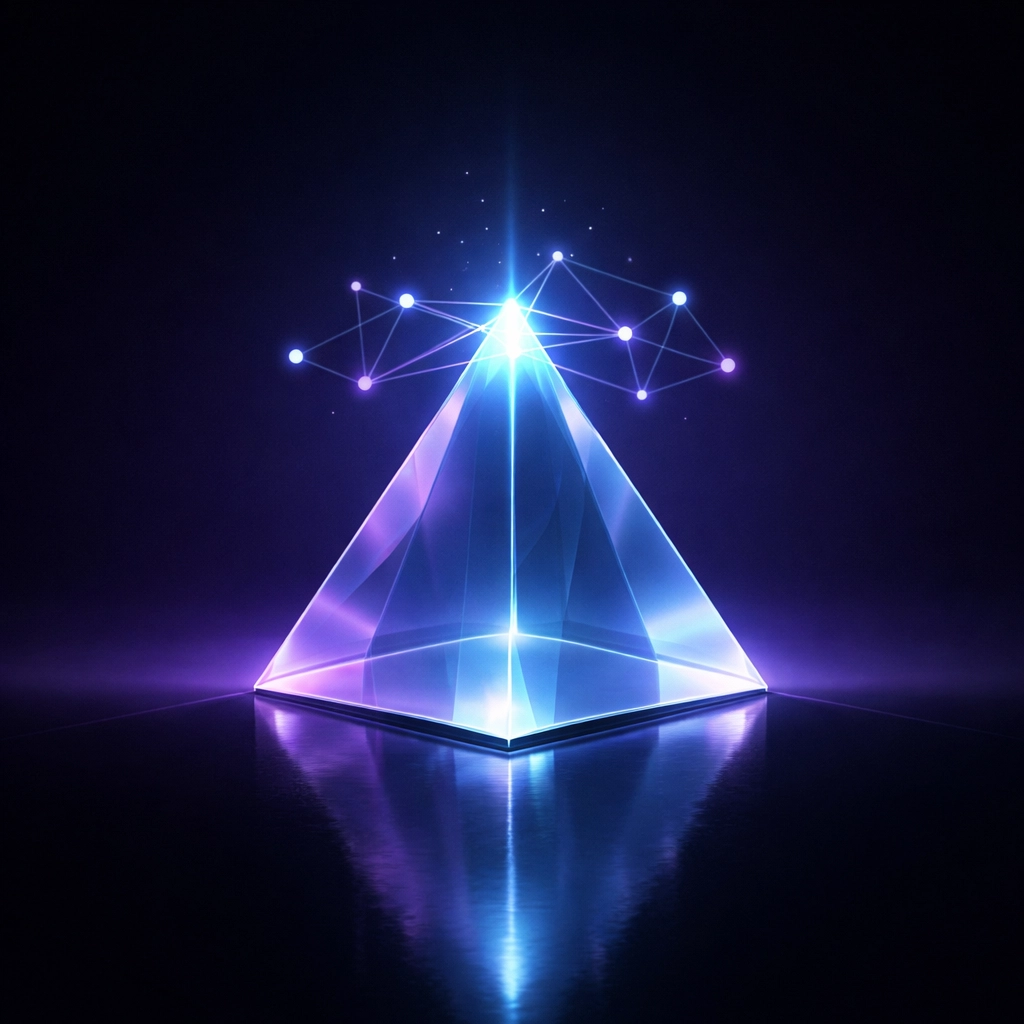 Glowing digital pyramid representing high search engine visibility and SEO ranking.